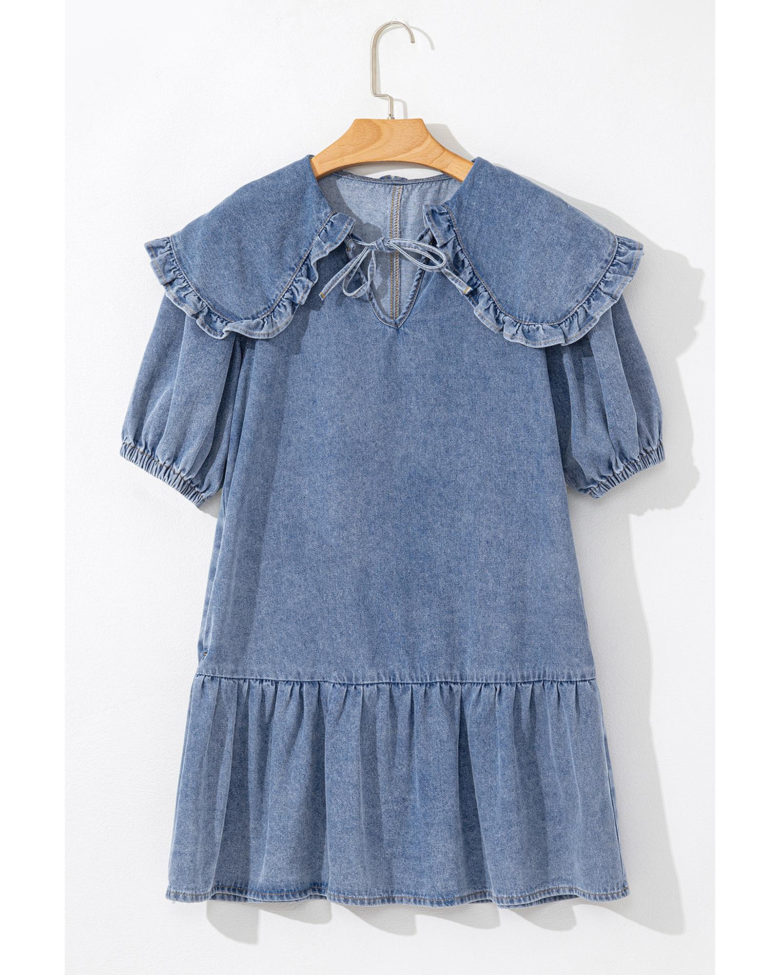 Dusk Blue Ruffled Collared Side Pockets Puff Sleeve Denim Mini Dress - M