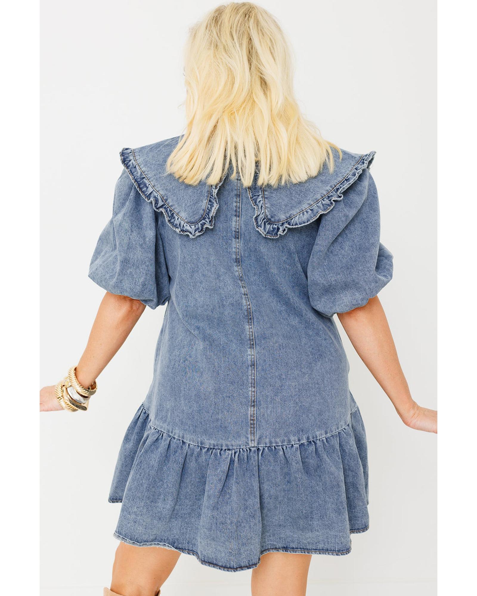 Dusk Blue Ruffled Collared Side Pockets Puff Sleeve Denim Mini Dress - XL