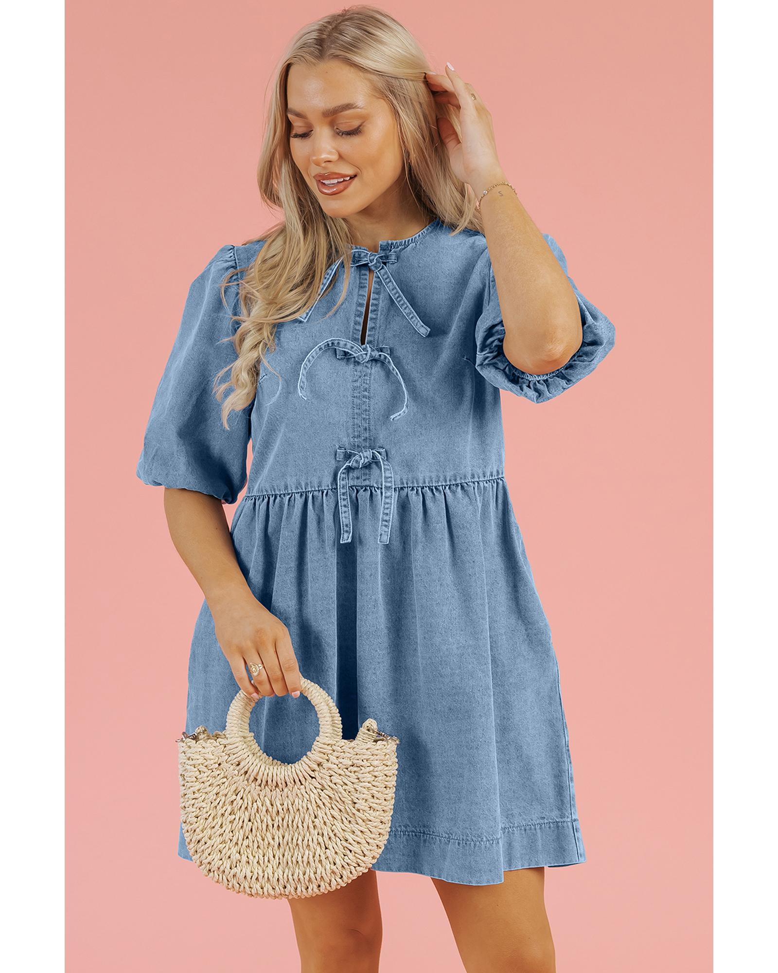 Dusk Blue Bowknot Bubble Sleeve Short Denim Dress - M