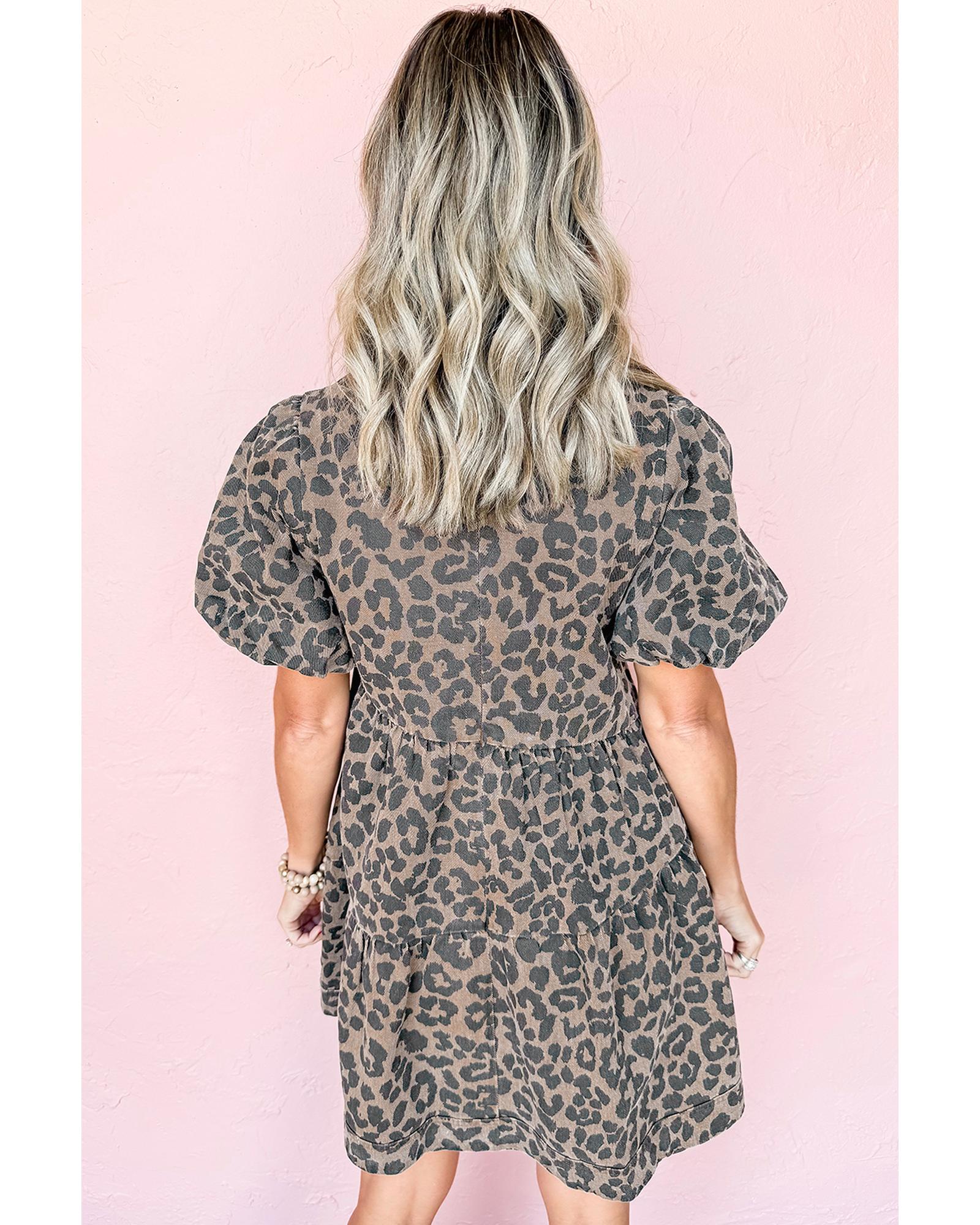 Brown Denim Leopard Printed Short Puff Sleeve Mini Dress - S