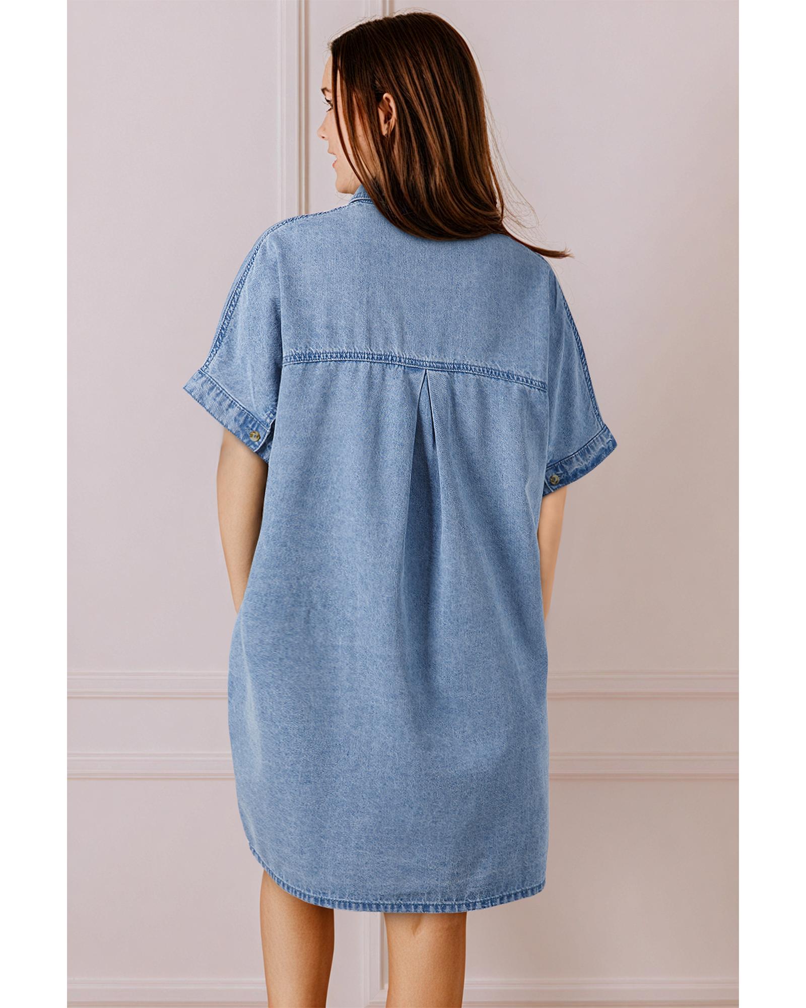 Dusk Blue Short Sleeve Pocketed Button up Denim Tunic Dress - L