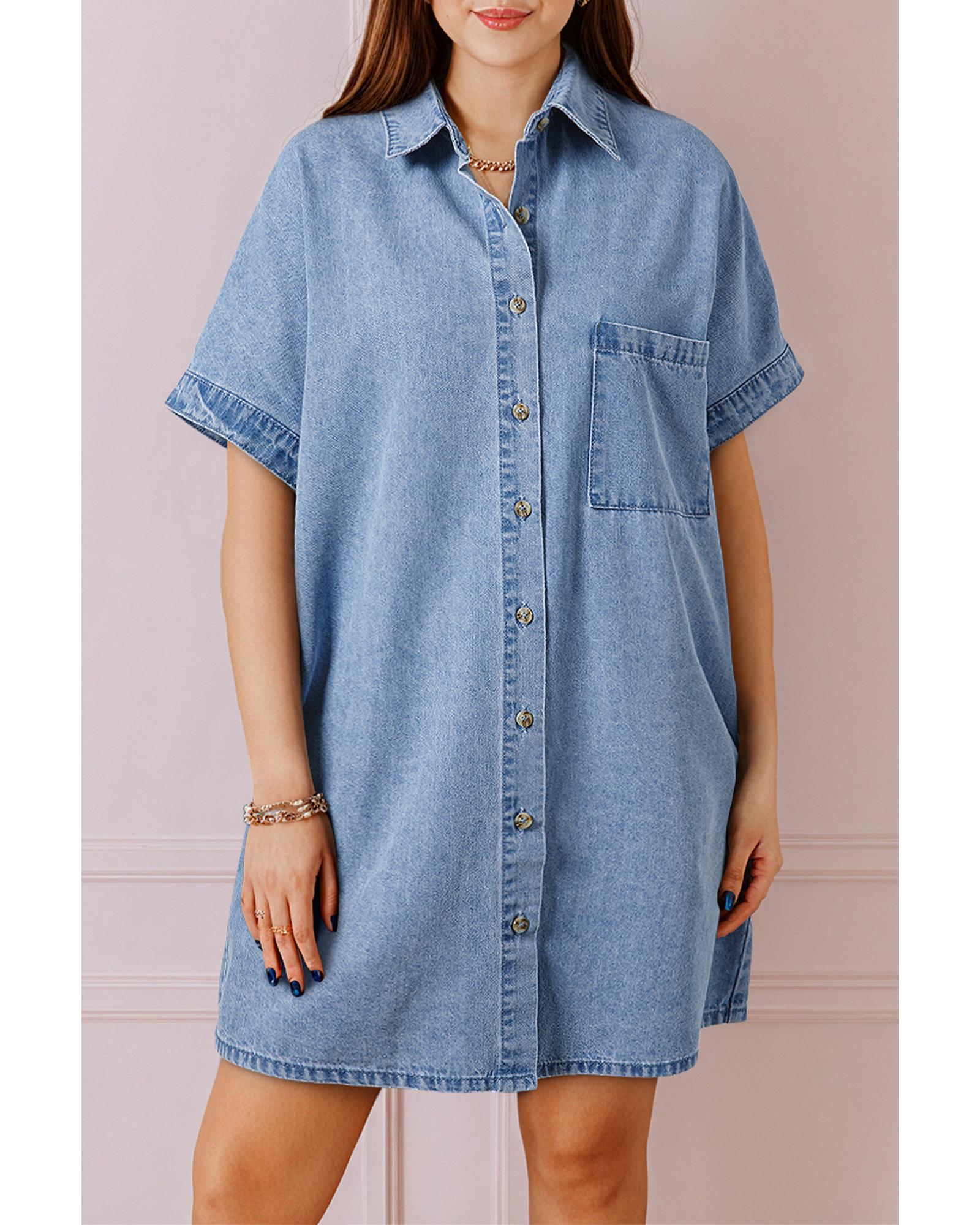 Dusk Blue Short Sleeve Pocketed Button up Denim Tunic Dress - M