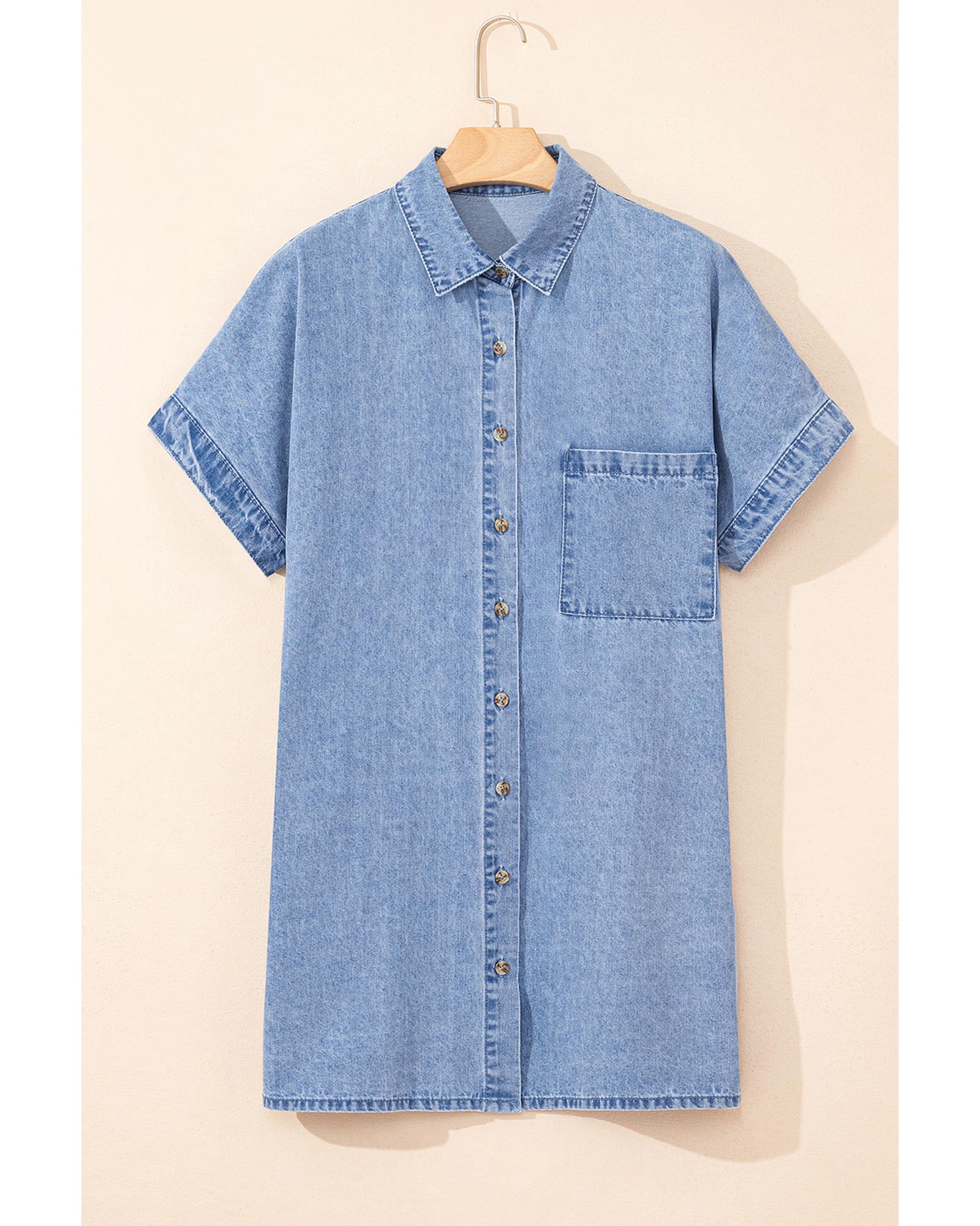 Dusk Blue Short Sleeve Pocketed Button up Denim Tunic Dress - M