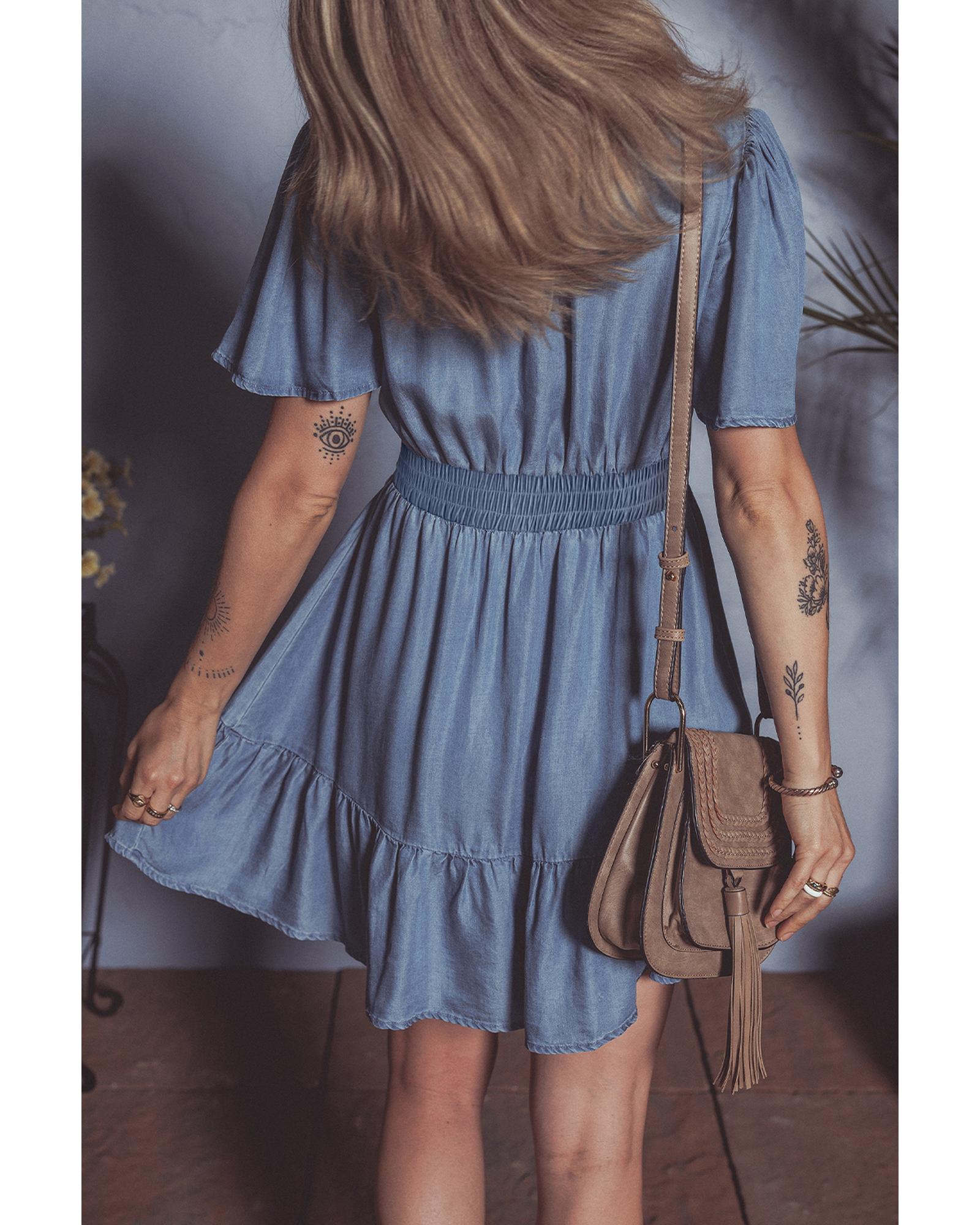 Ashleigh Blue Ruffled V Neck Smocked High Waist Denim Mini Dress - L