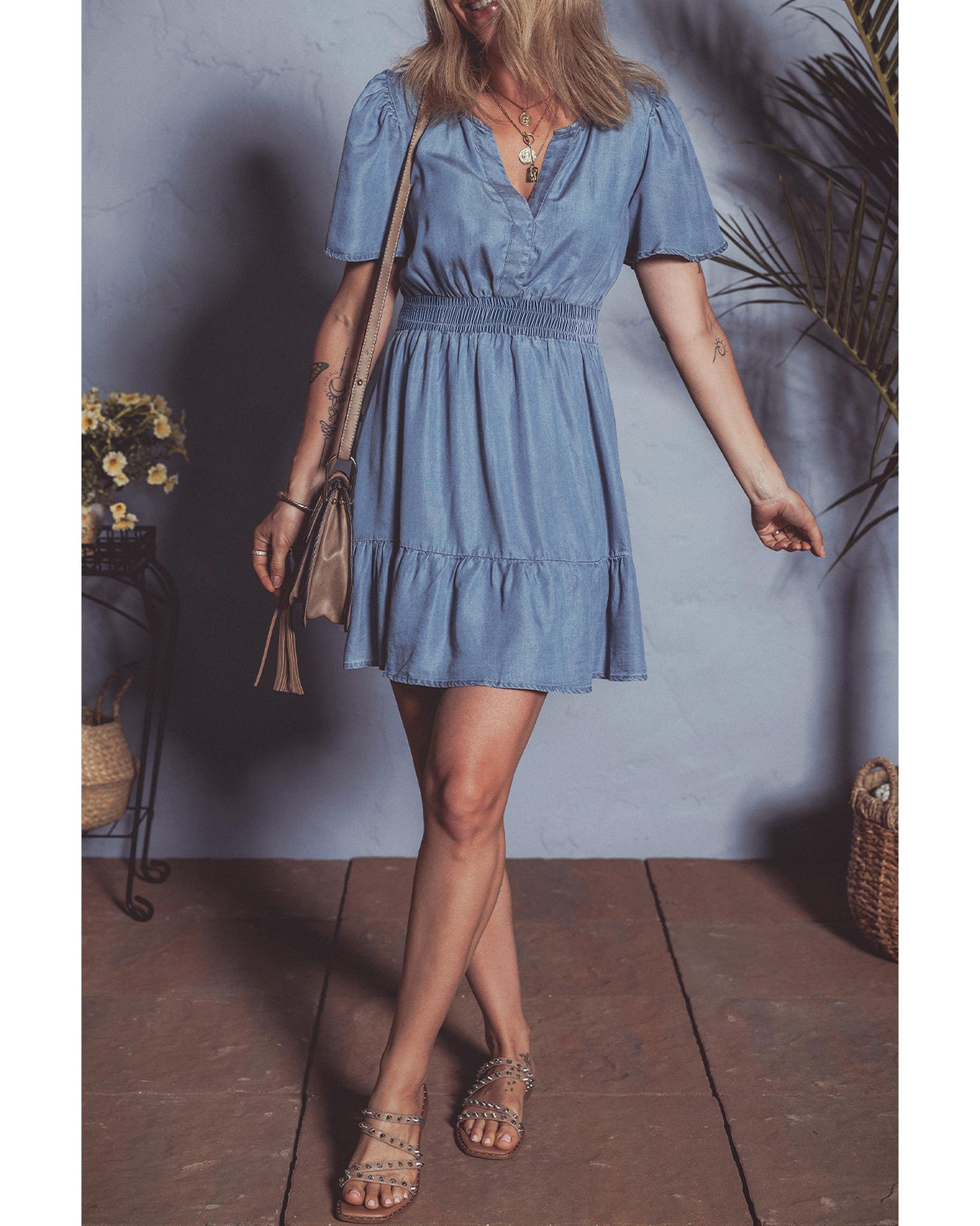 Ashleigh Blue Ruffled V Neck Smocked High Waist Denim Mini Dress - L