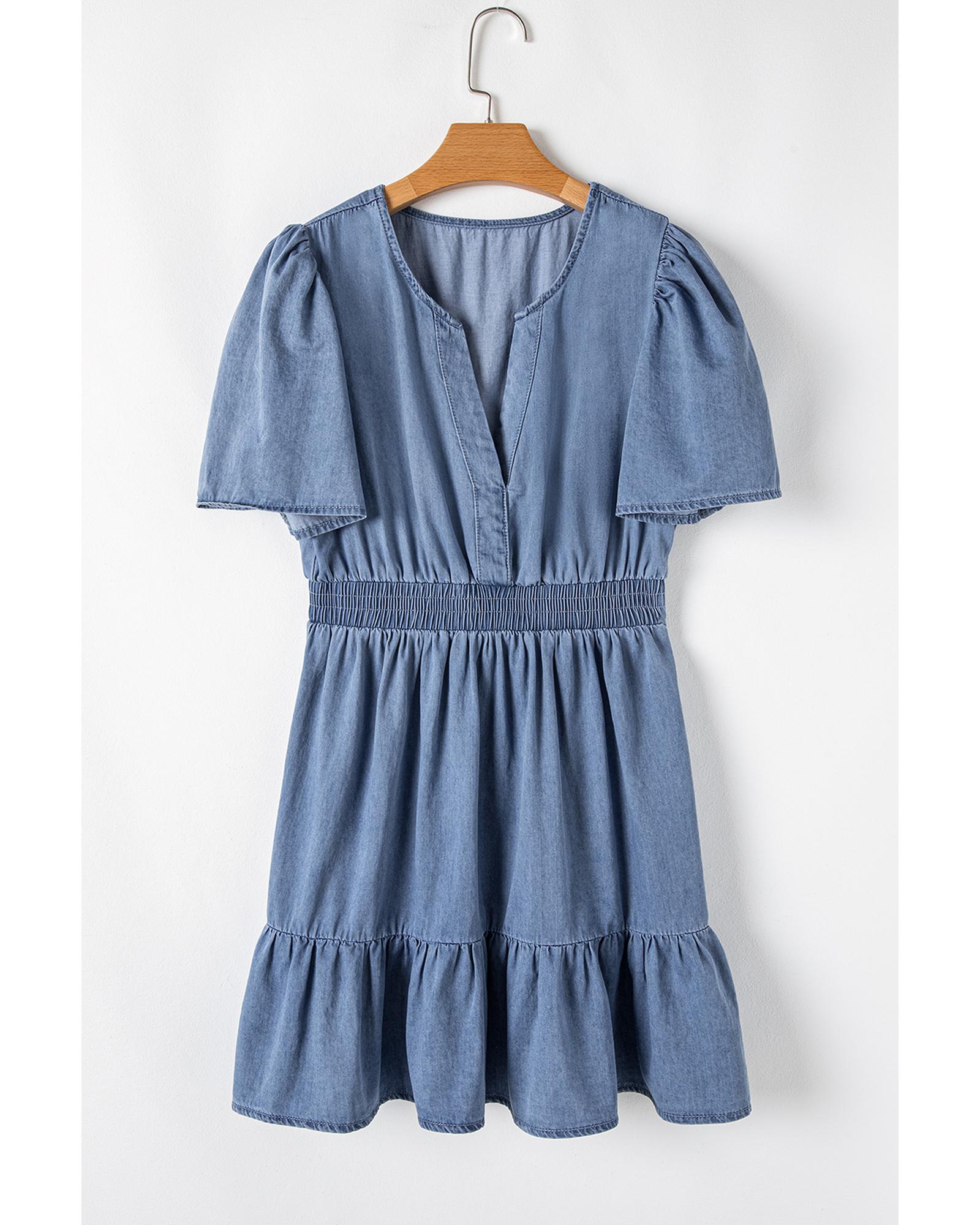 Ashleigh Blue Ruffled V Neck Smocked High Waist Denim Mini Dress - L