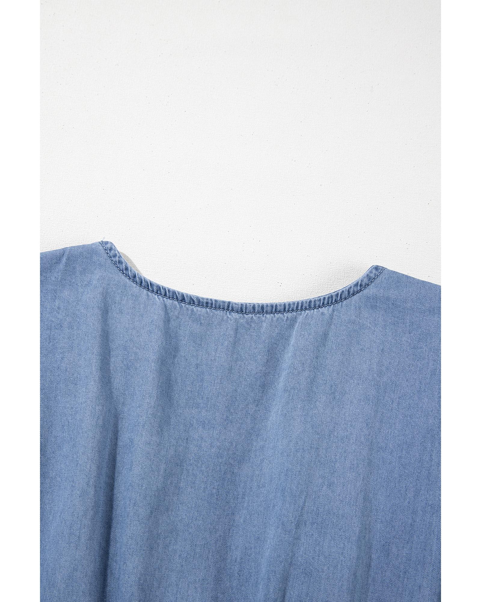 Ashleigh Blue Ruffled V Neck Smocked High Waist Denim Mini Dress - L