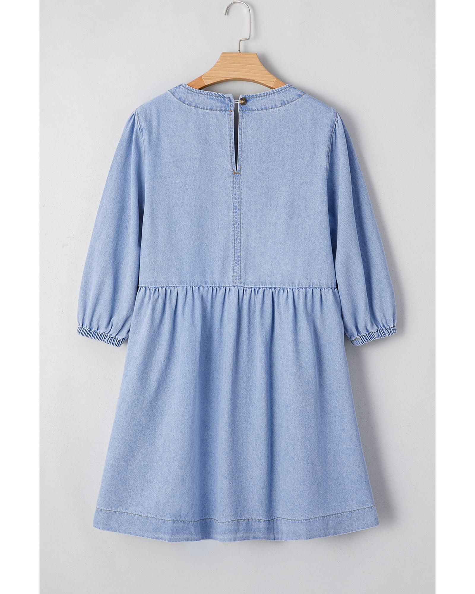 Beau Blue Denim Button Detail Babydoll Square Neck Mini Dress - XL