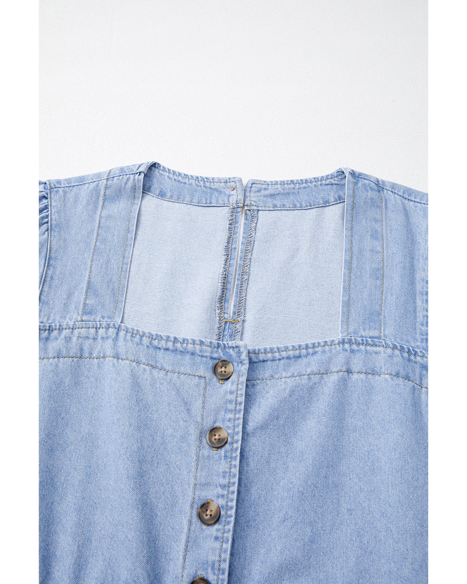 Beau Blue Denim Button Detail Babydoll Square Neck Mini Dress - XL