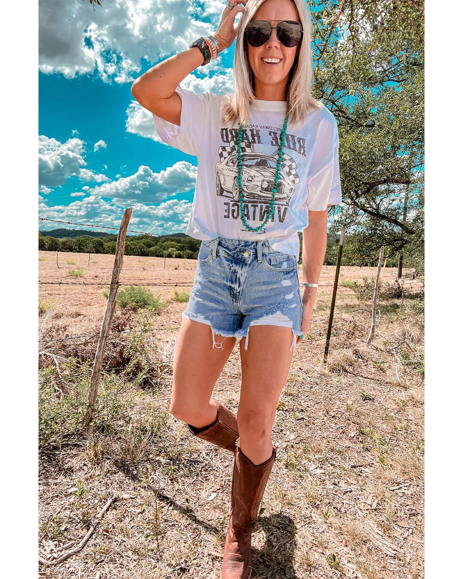 Sky Blue High Rise Crossover Waist Denim Shorts - 10 US