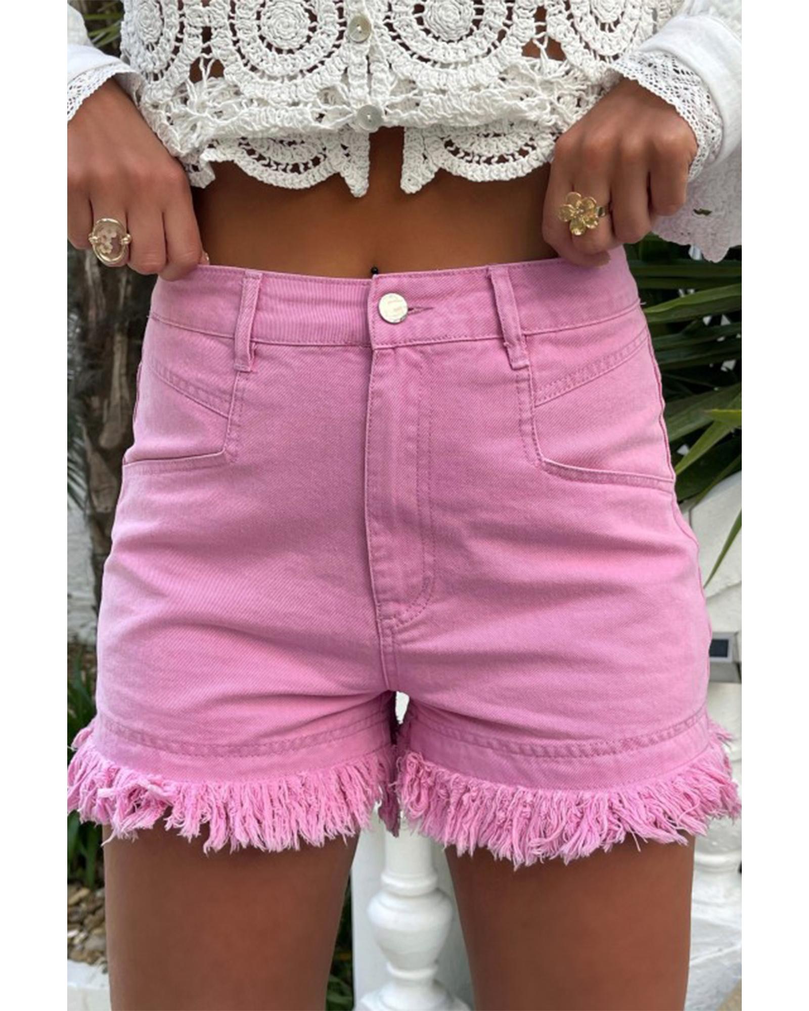 Pink Frayed Edge Mid Rise Denim Shorts - 16 US