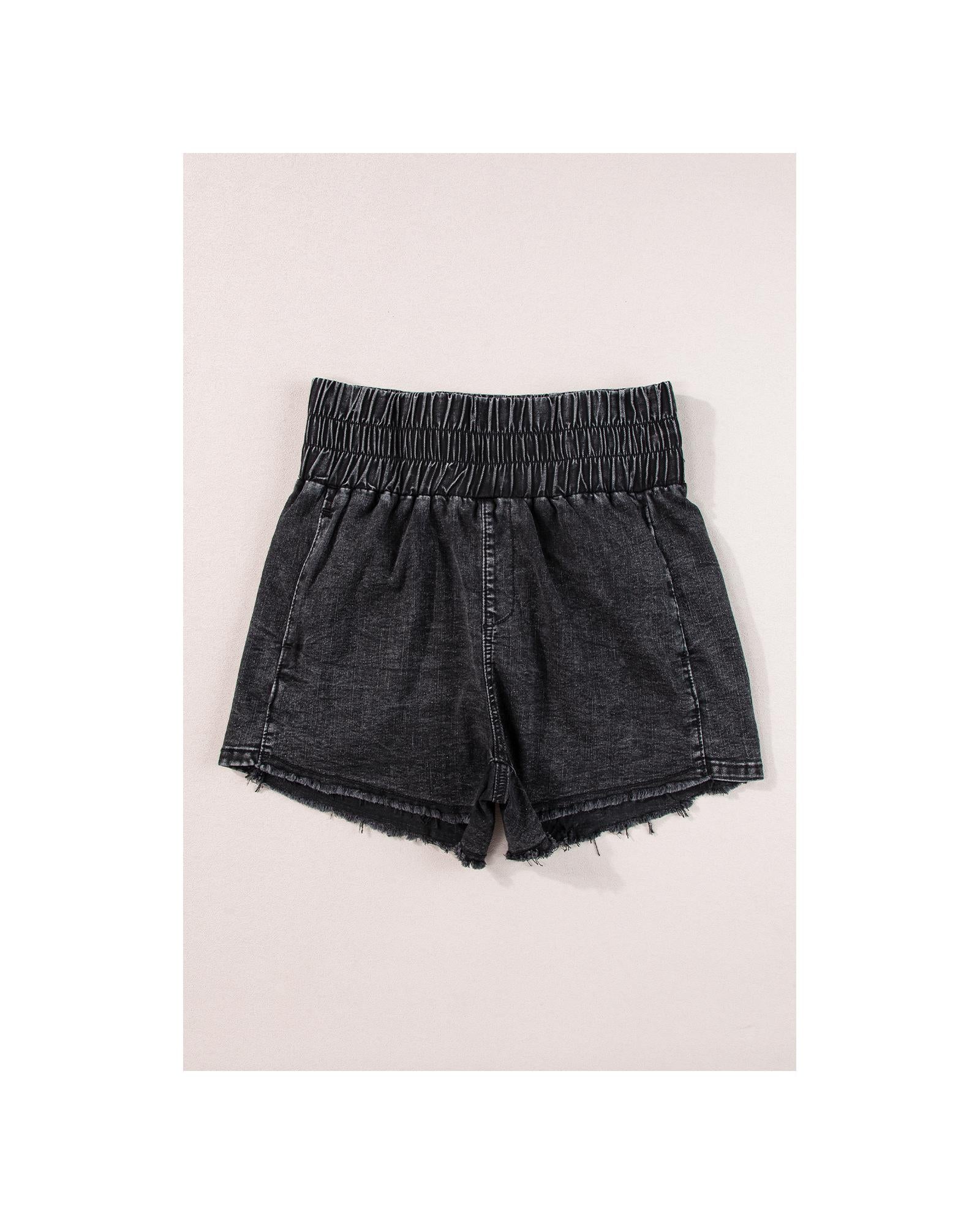 Black Smocked High Waist Mineral Washed Jean Shorts - 10 US