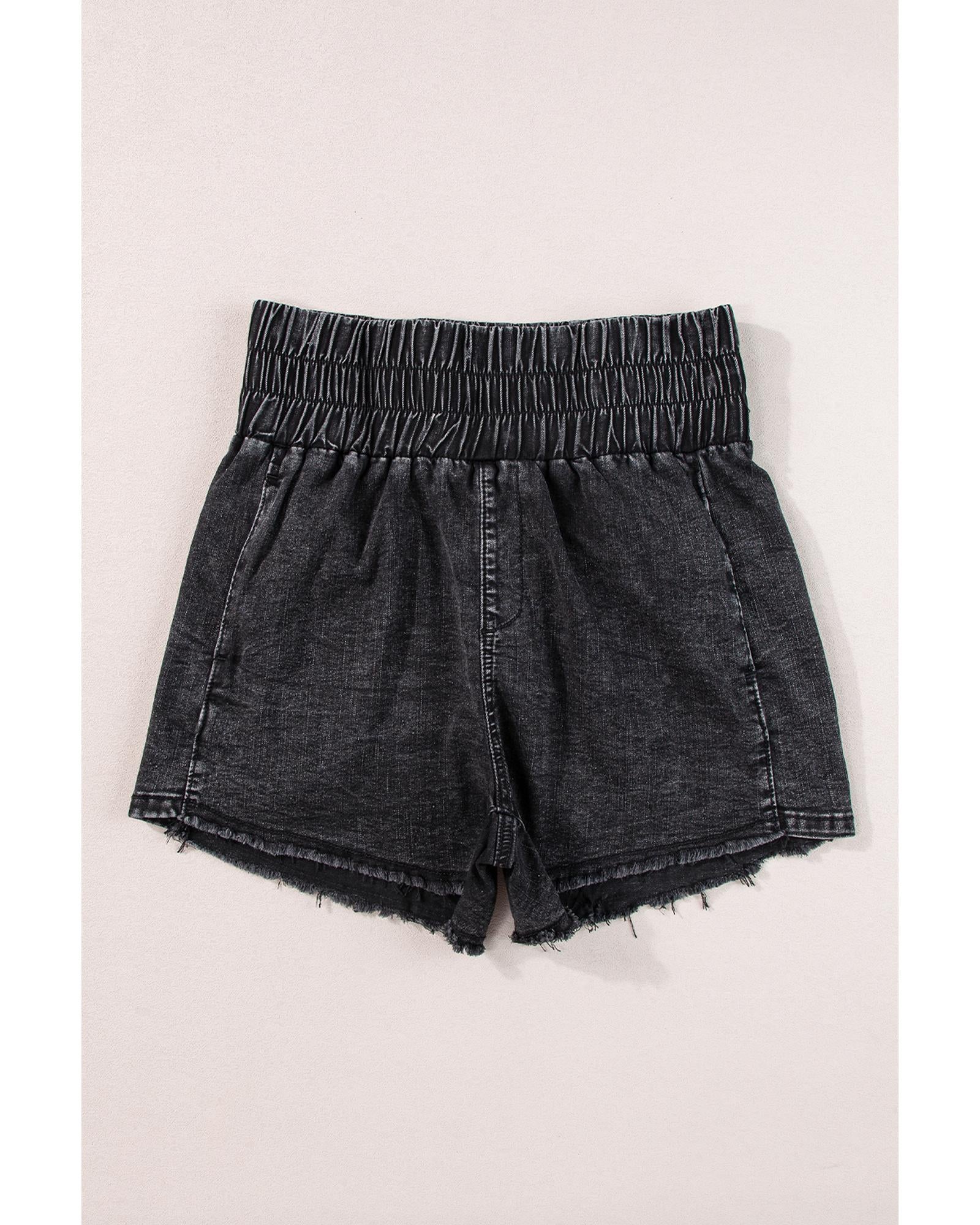 Black Smocked High Waist Mineral Washed Jean Shorts - 12 US