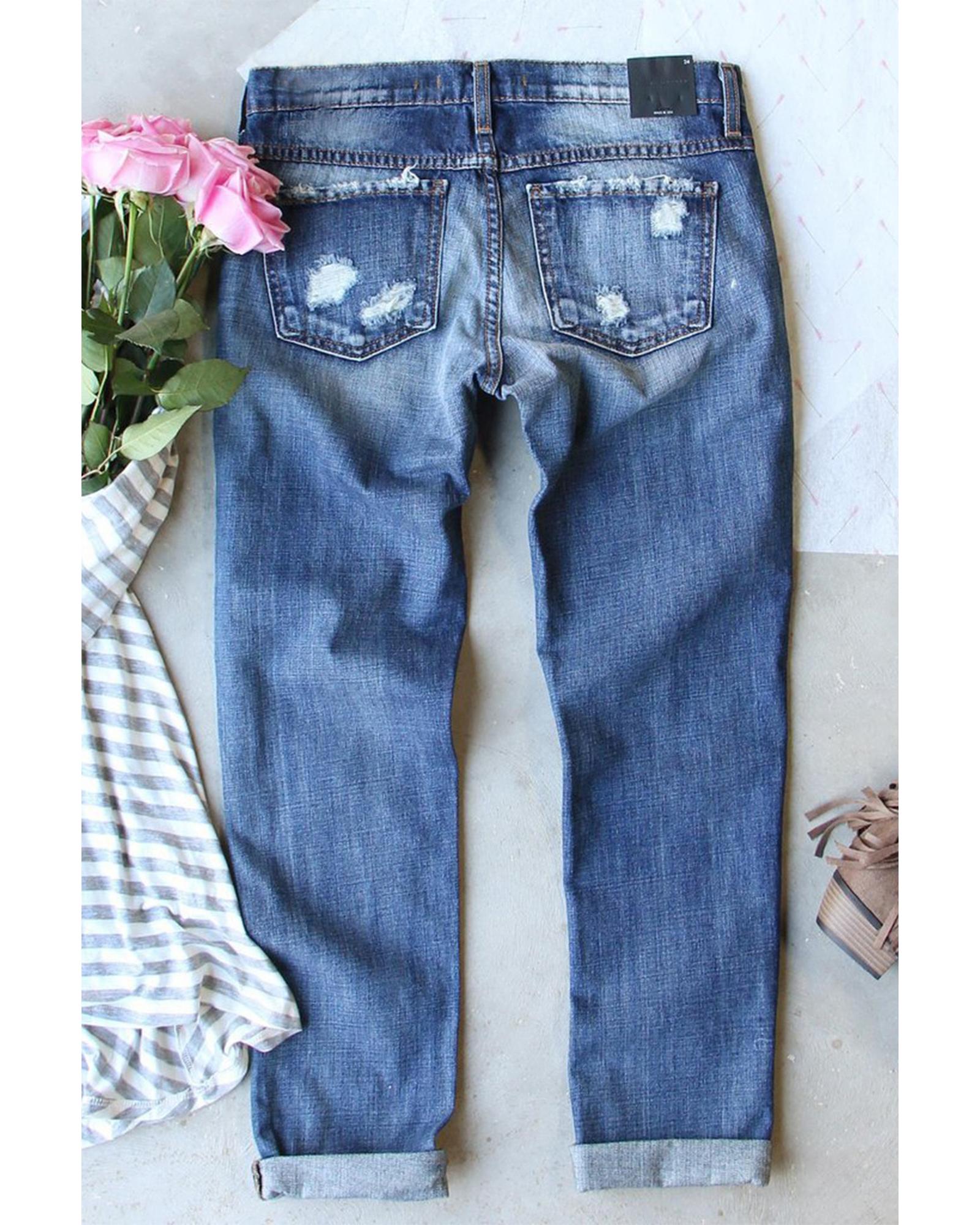 Sky Blue Shiny Mardi Gras Fleur-de-lis Patch Distressed Jeans - 18 US