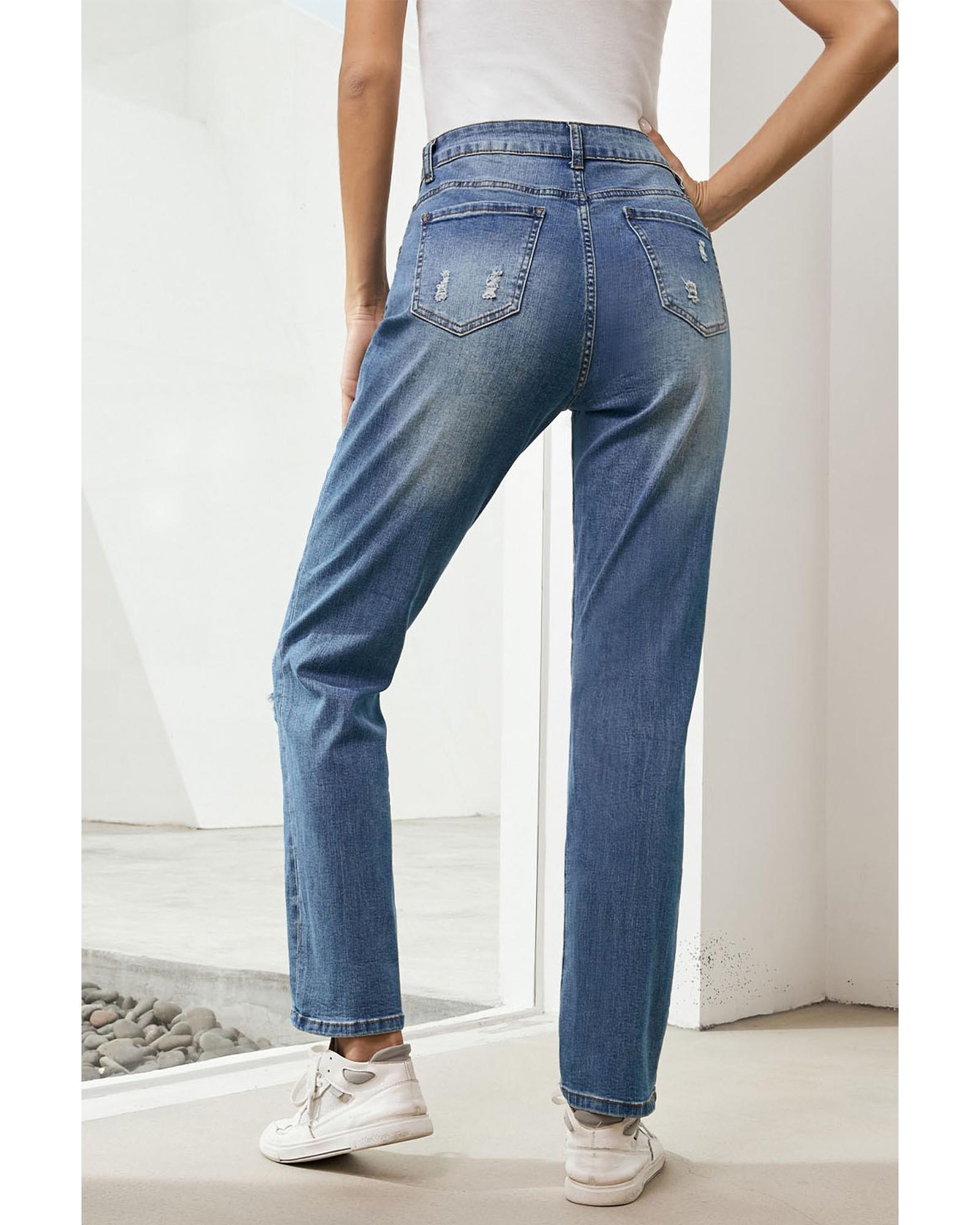 Sky Blue Heart-shape American Flag Patch Frayed Jeans - 8 US