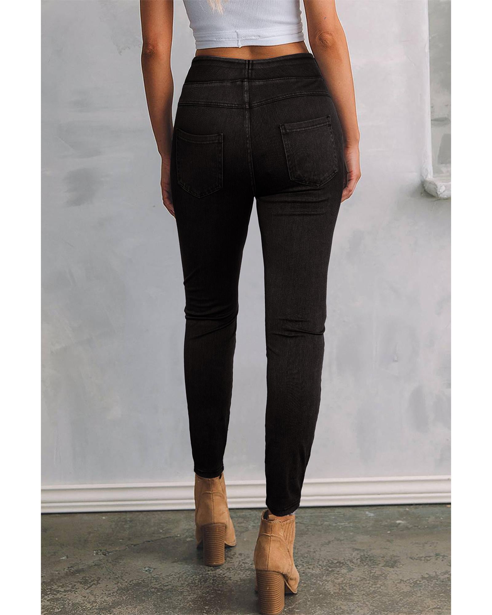 Black Solid Color High Waist Stretchy Slim Fit Jeggings - M