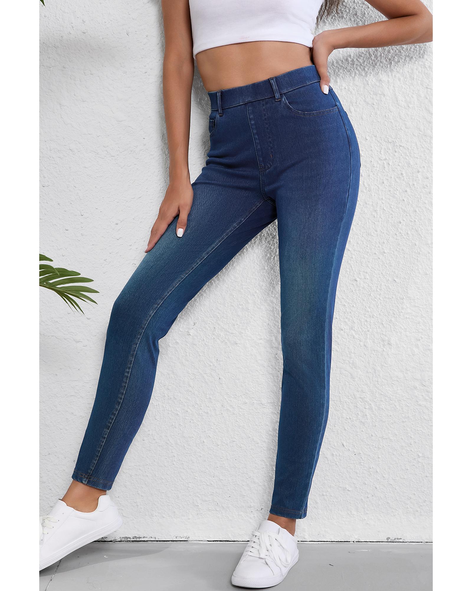 Ashleigh Blue Multiple Pockets Straight Leg Washed Stretchy Knit Casual Jeans - M