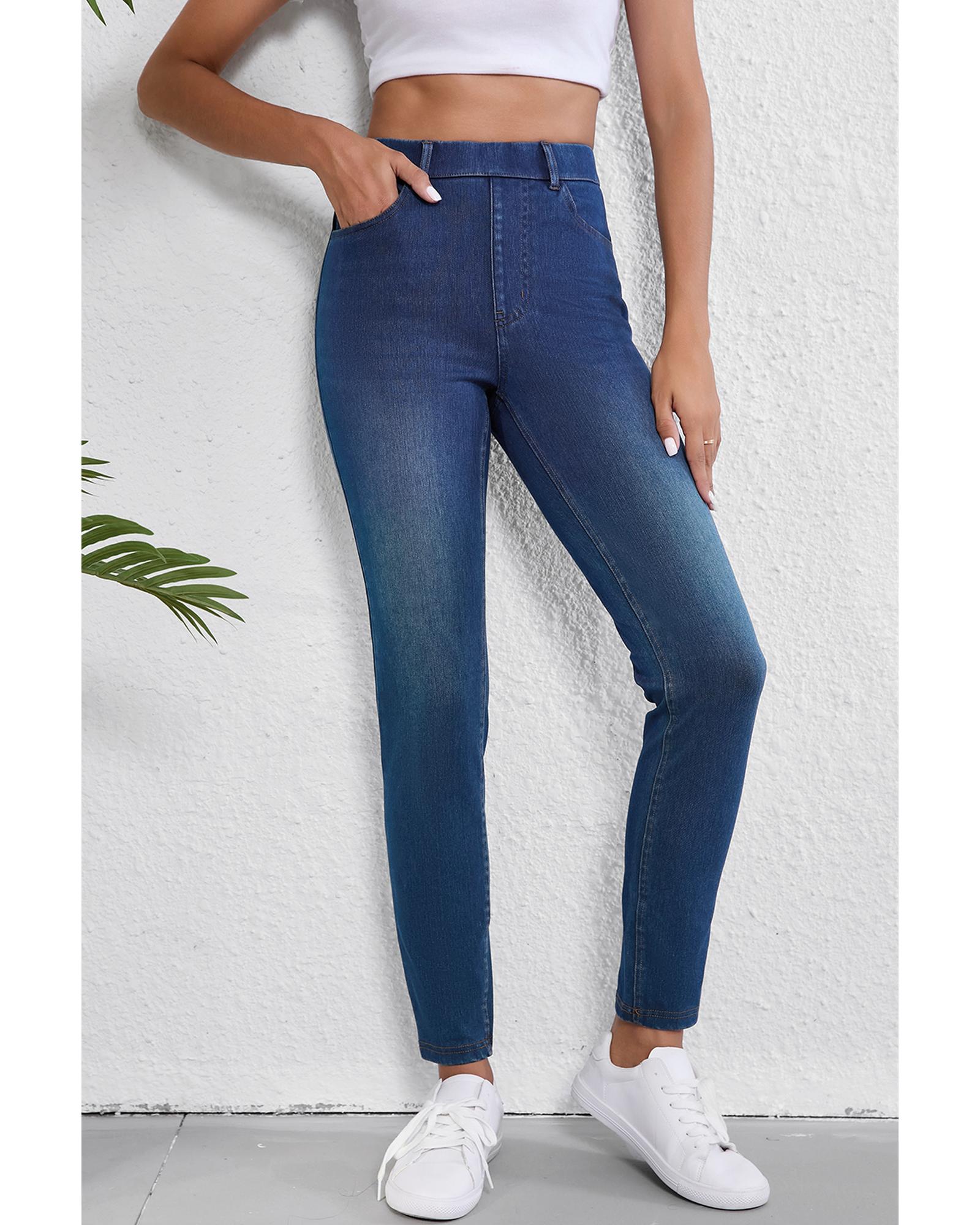 Ashleigh Blue Multiple Pockets Straight Leg Washed Stretchy Knit Casual Jeans - M