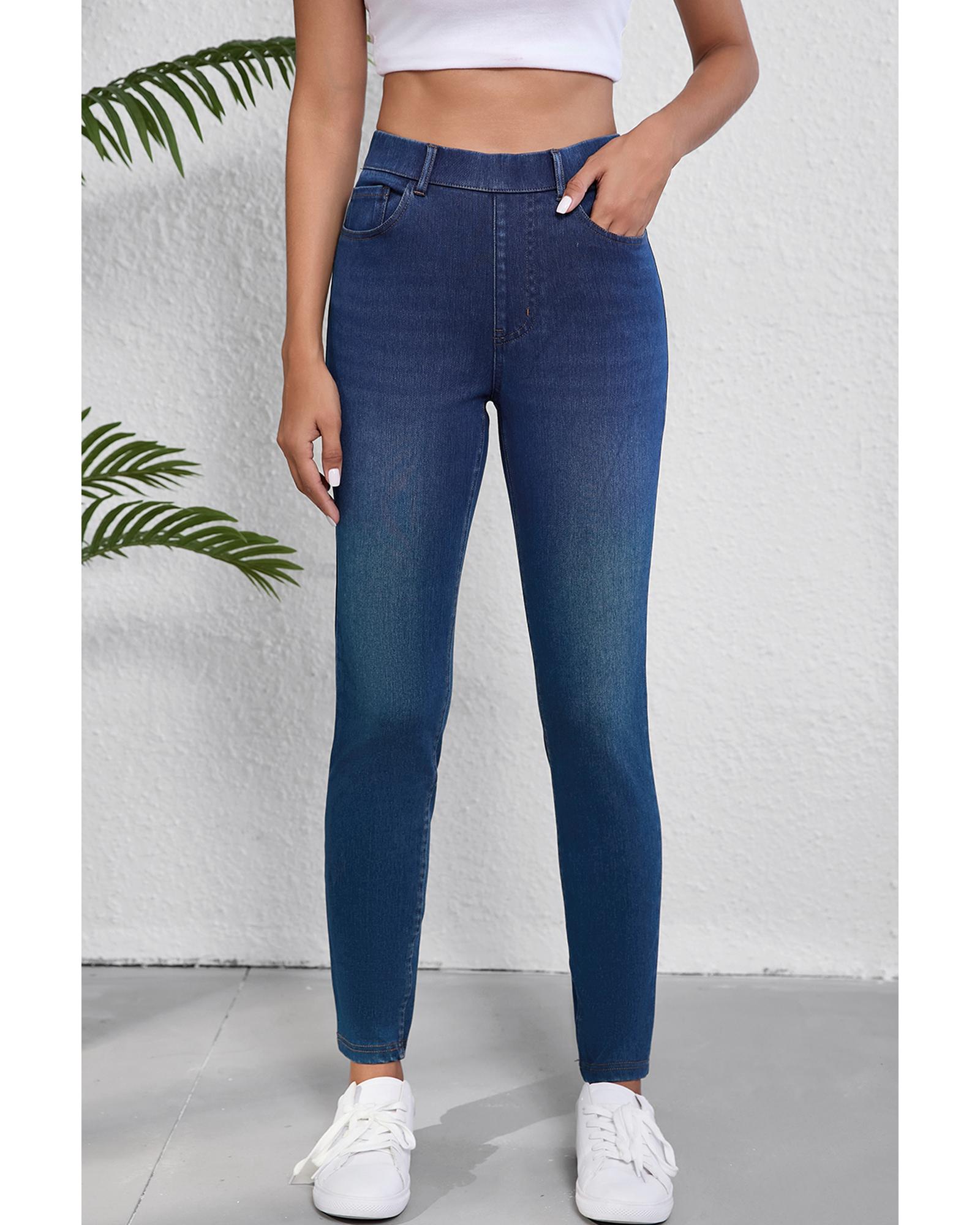 Ashleigh Blue Multiple Pockets Straight Leg Washed Stretchy Knit Casual Jeans - M