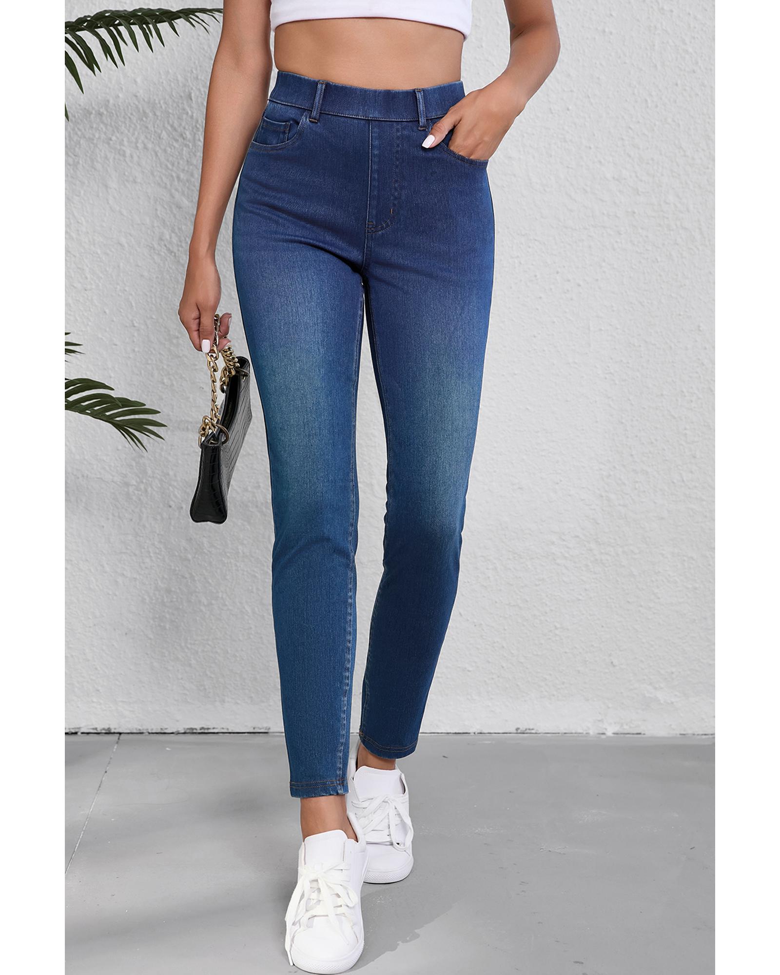 Ashleigh Blue Multiple Pockets Straight Leg Washed Stretchy Knit Casual Jeans - XL