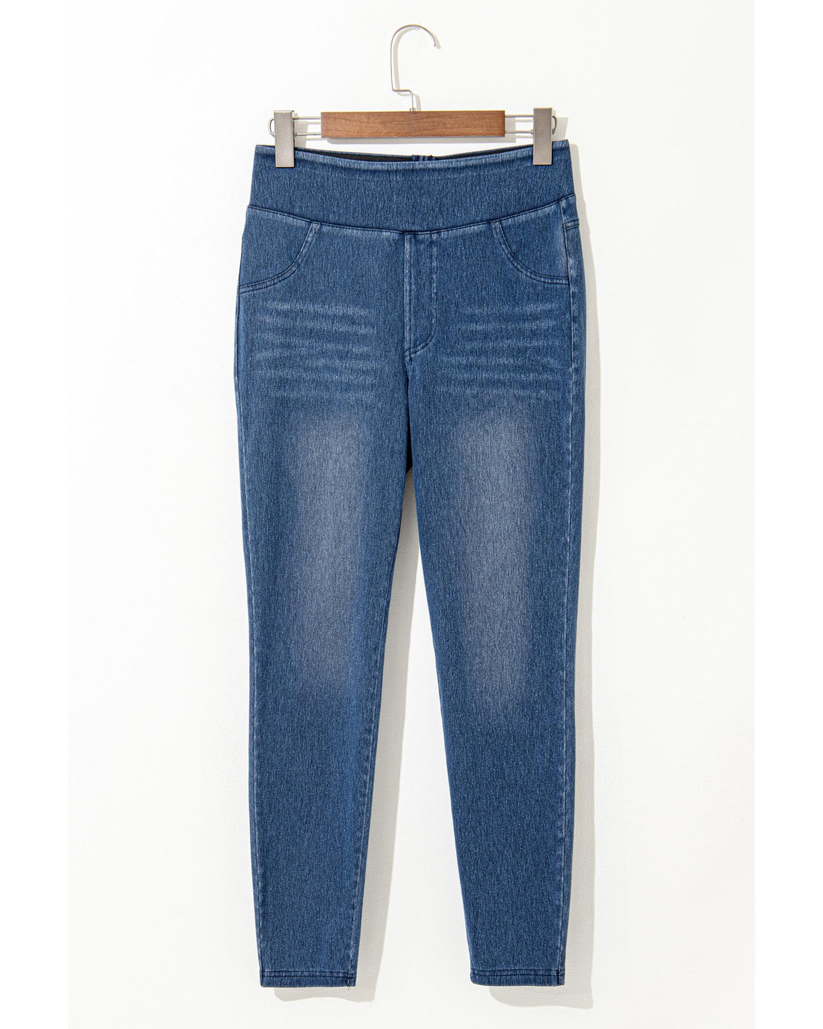 Navy Blue Skinny Elastic Waist Ankle Length Mid Waist Jeggings with Pockets - L