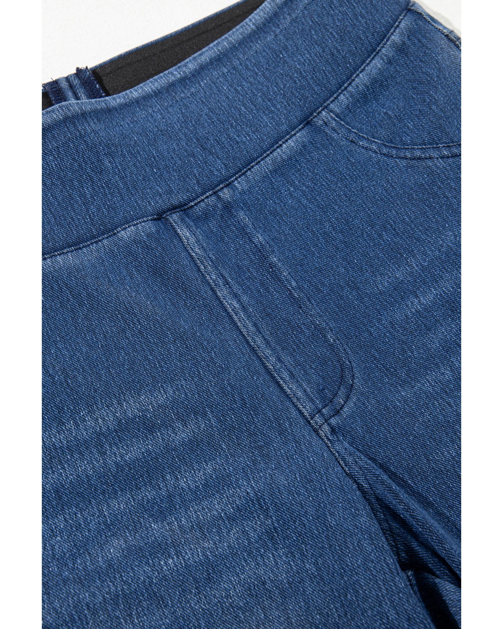 Navy Blue Skinny Elastic Waist Ankle Length Mid Waist Jeggings with Pockets - M