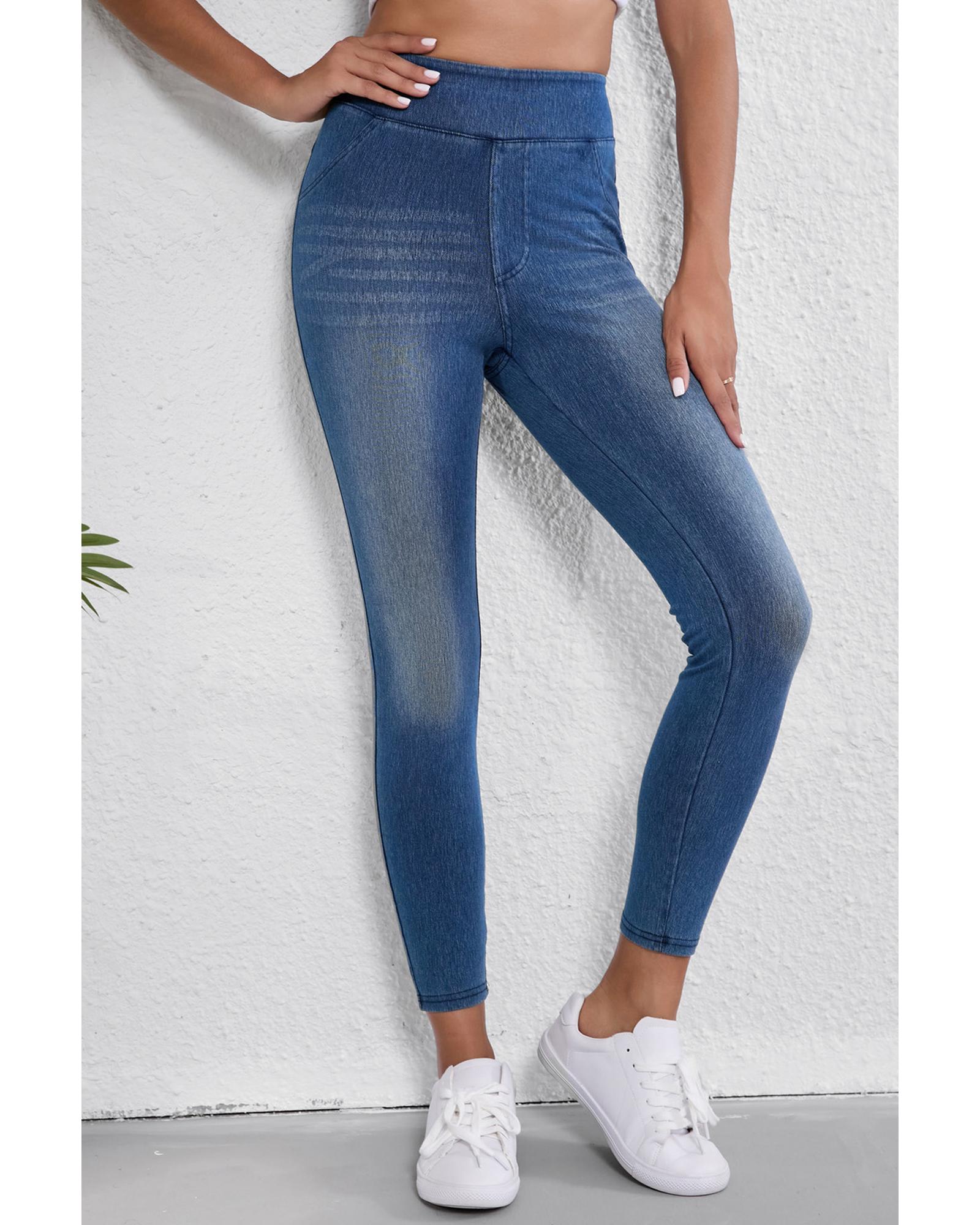 Navy Blue Skinny Elastic Waist Ankle Length Mid Waist Jeggings with Pockets - M