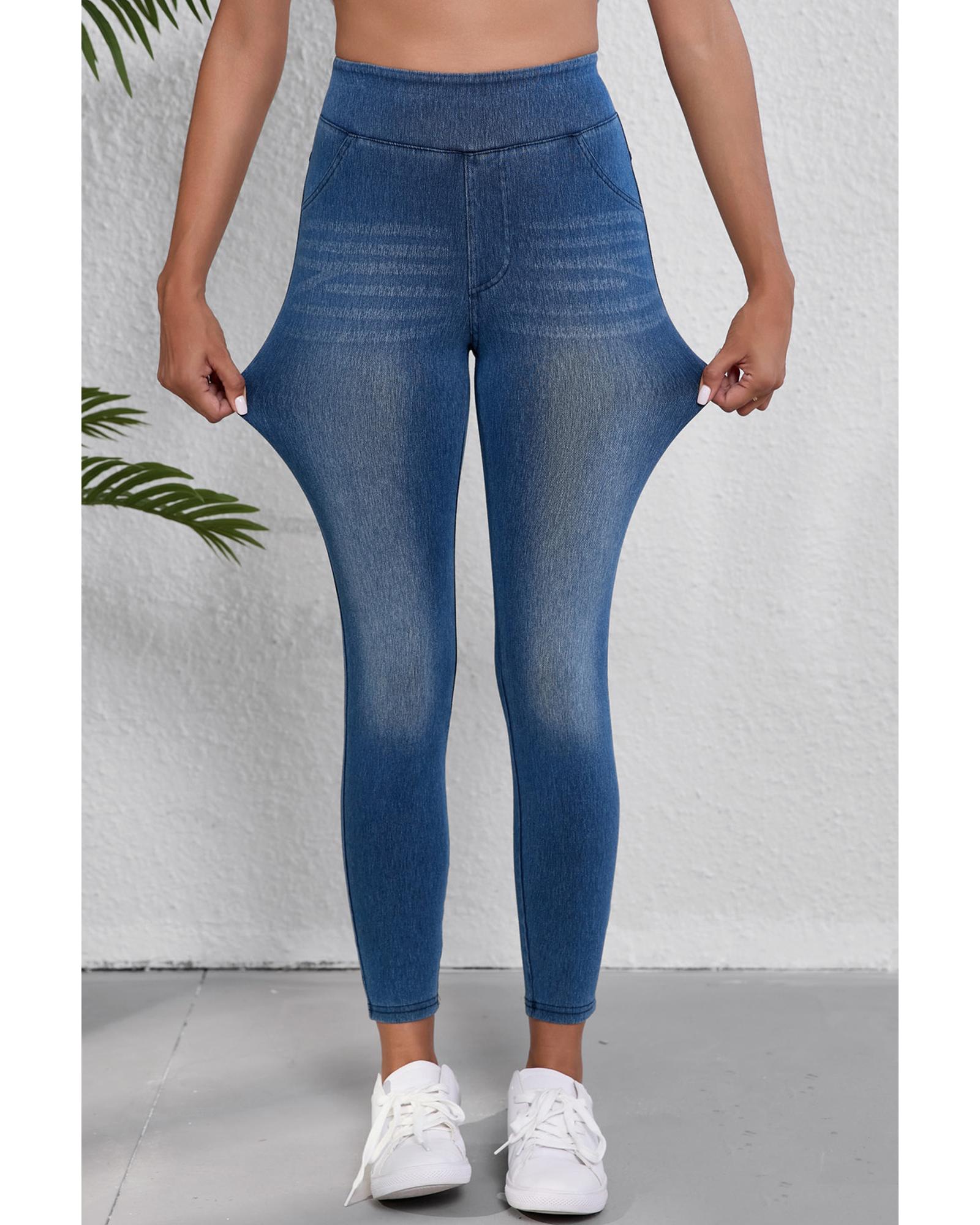 Navy Blue Skinny Elastic Waist Ankle Length Mid Waist Jeggings with Pockets - S