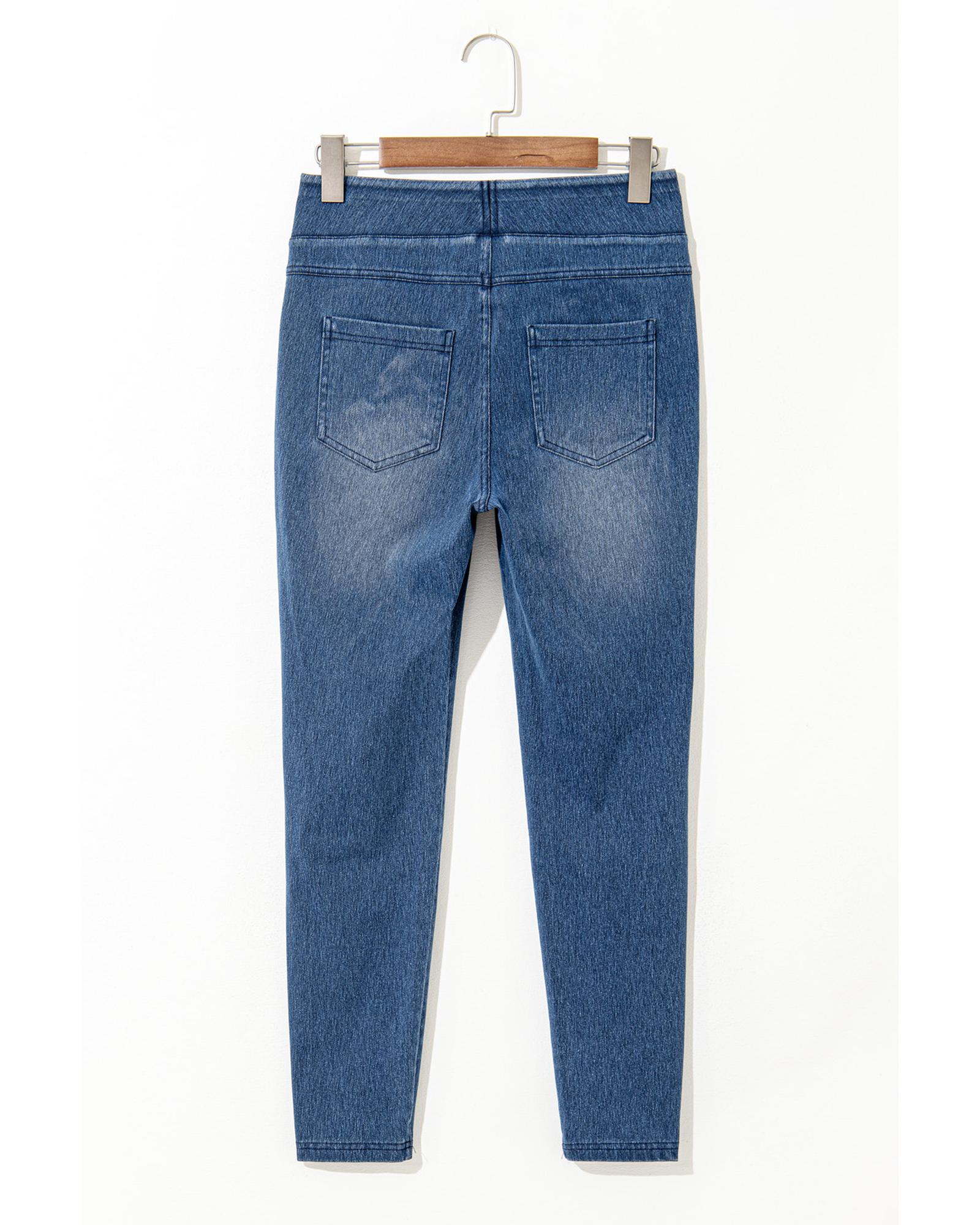 Navy Blue Skinny Elastic Waist Ankle Length Mid Waist Jeggings with Pockets - XL