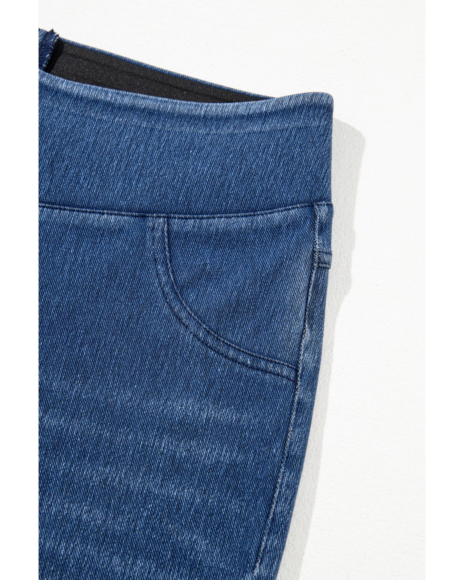 Navy Blue Skinny Elastic Waist Ankle Length Mid Waist Jeggings with Pockets - XL