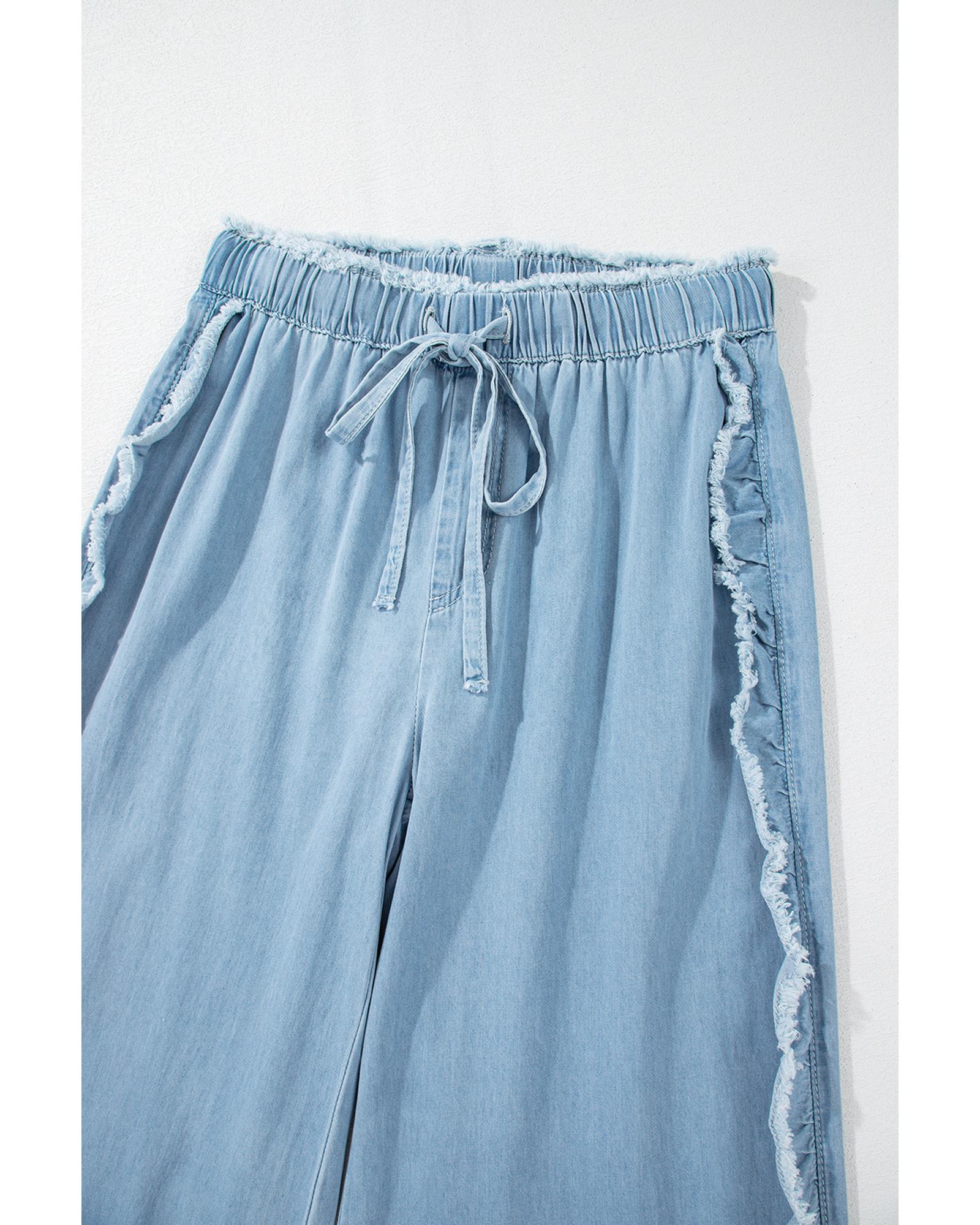Myosotis Light Wash Raw Hem Ruffled Wide Leg Jeans - 8 US
