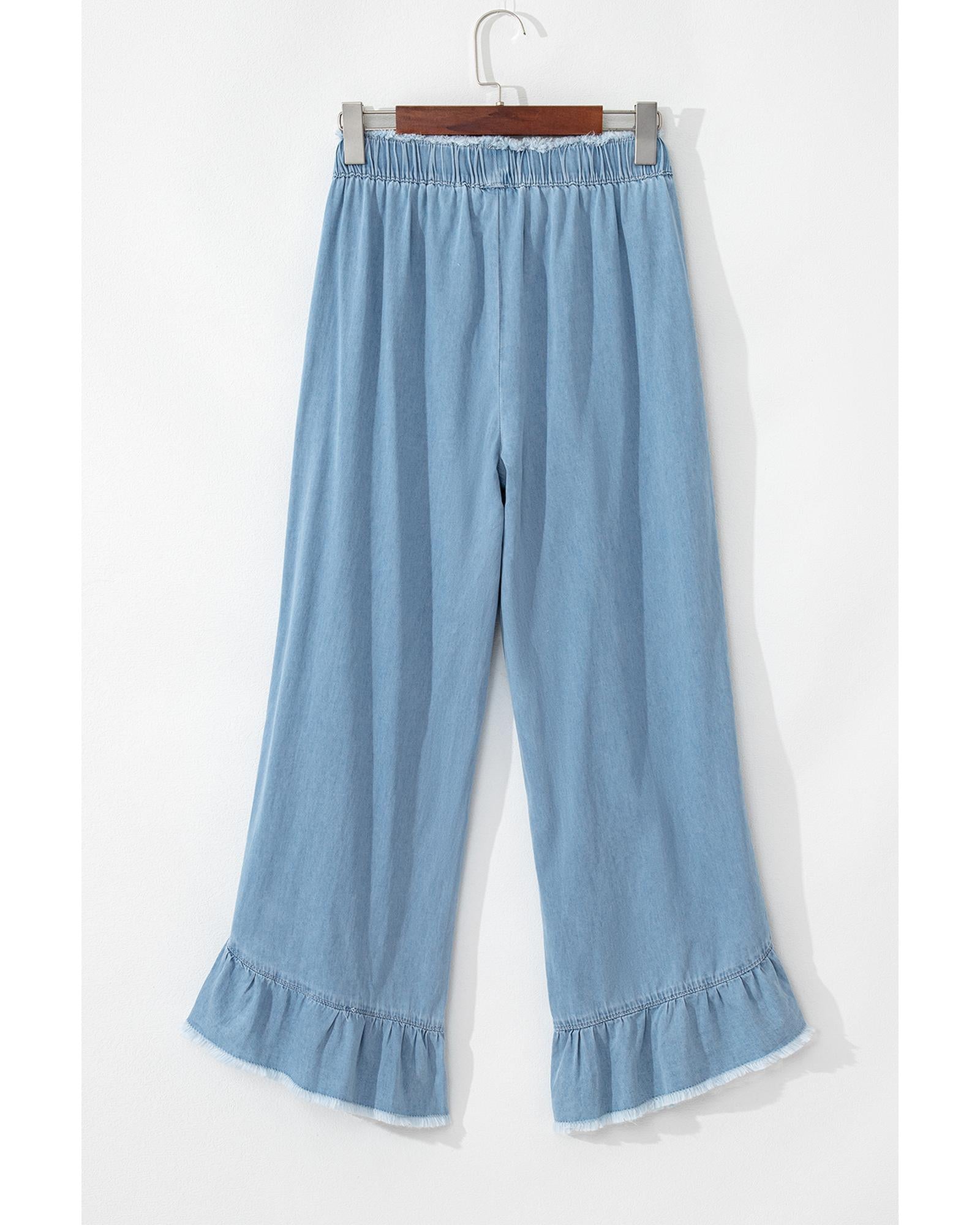 Myosotis Light Wash Raw Hem Ruffled Wide Leg Jeans - 8 US