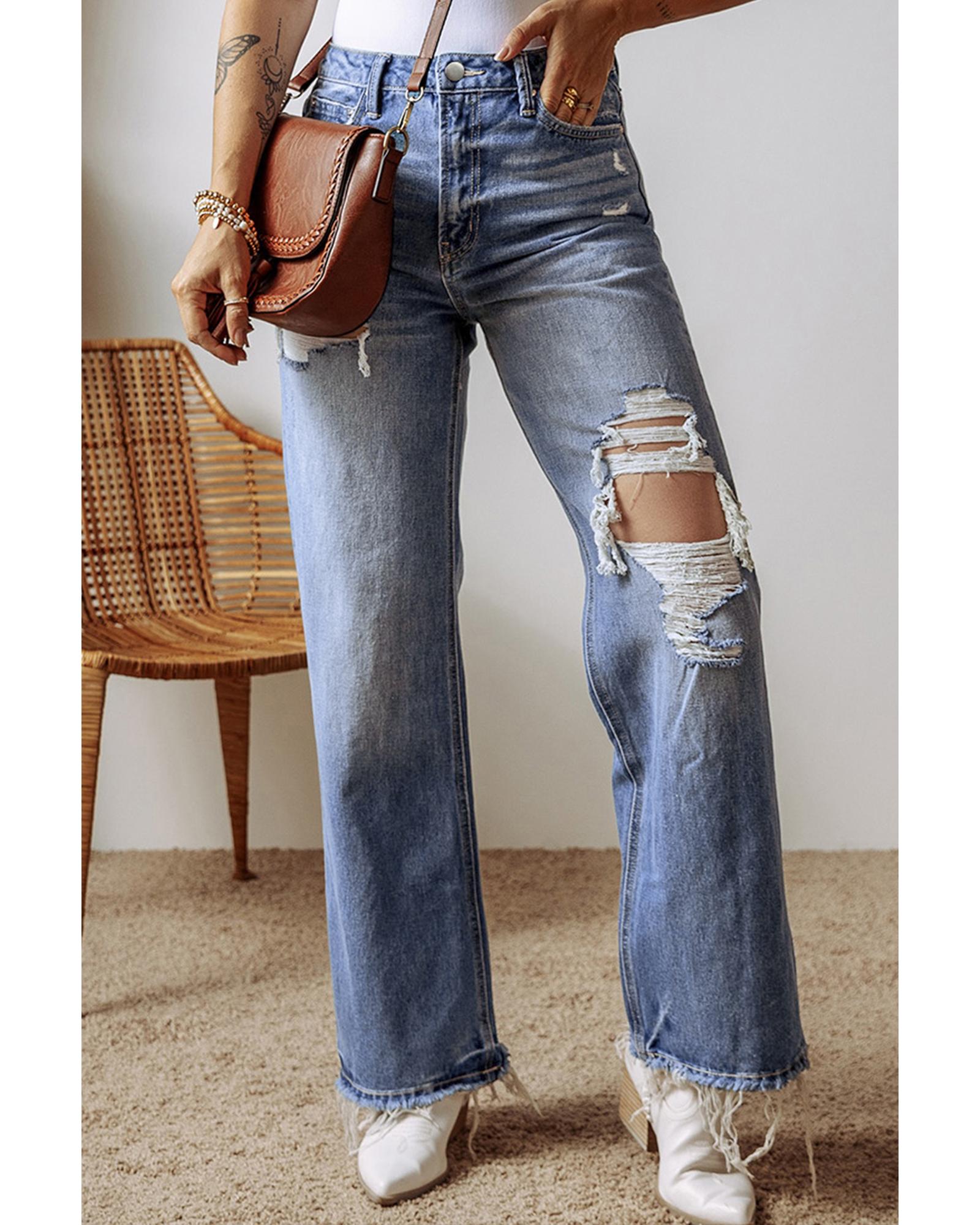 Ashleigh Blue Distressed Raw Hem Straight Leg High Waist Jeans - 12 US