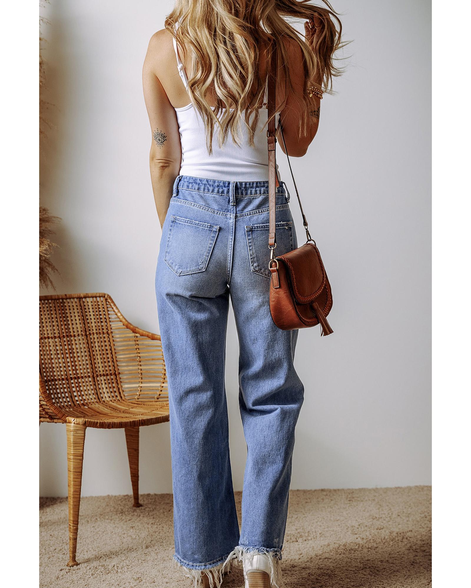 Ashleigh Blue Distressed Raw Hem Straight Leg High Waist Jeans - 8 US