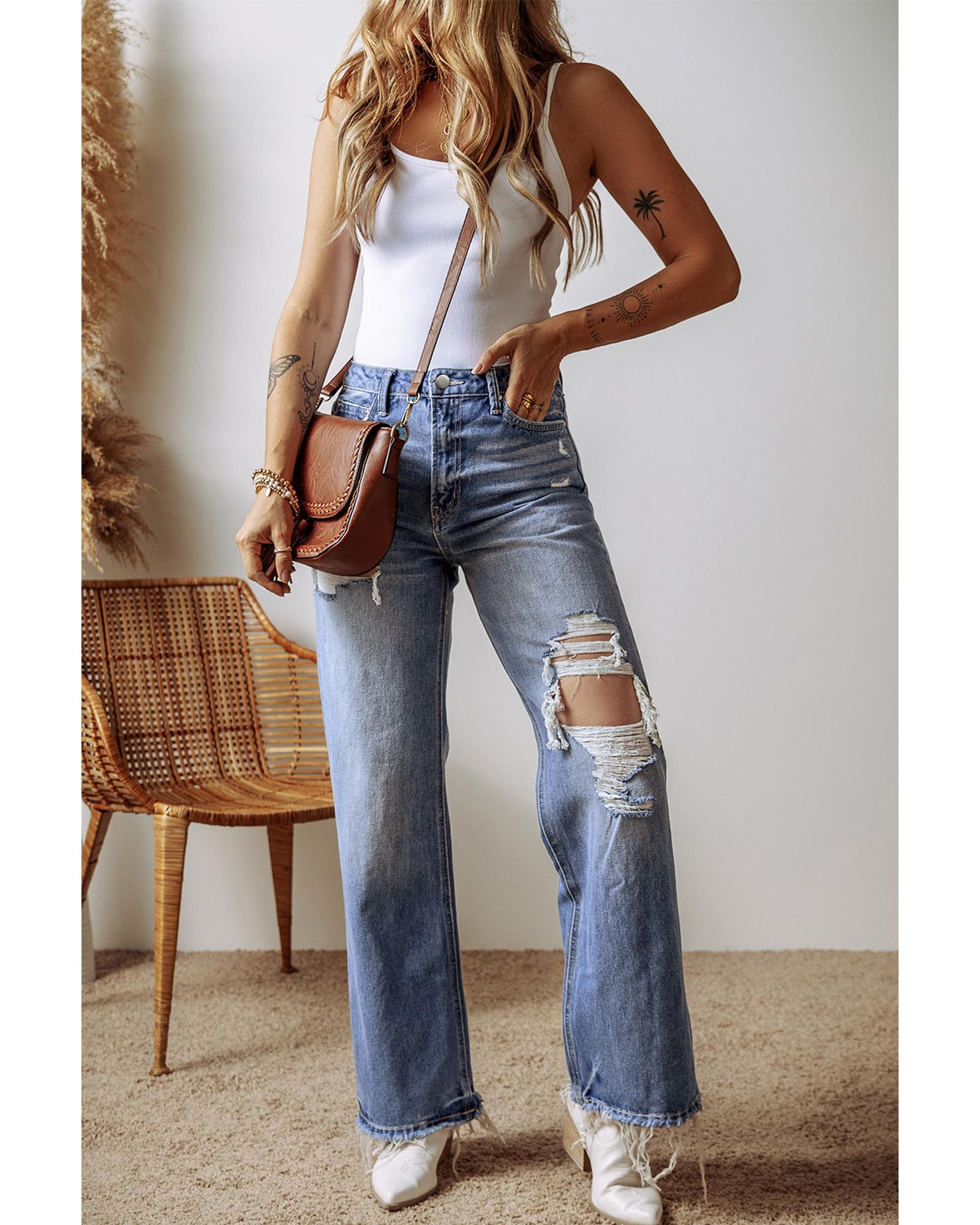 Ashleigh Blue Distressed Raw Hem Straight Leg High Waist Jeans - 8 US