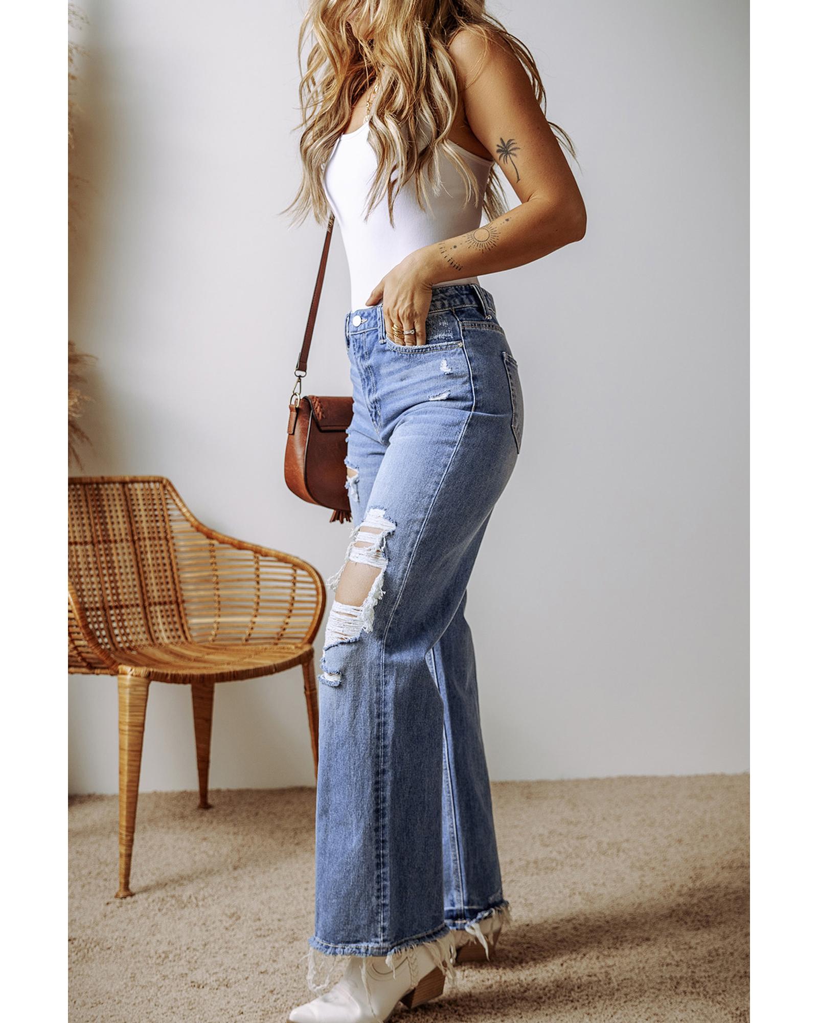 Ashleigh Blue Distressed Raw Hem Straight Leg High Waist Jeans - 8 US