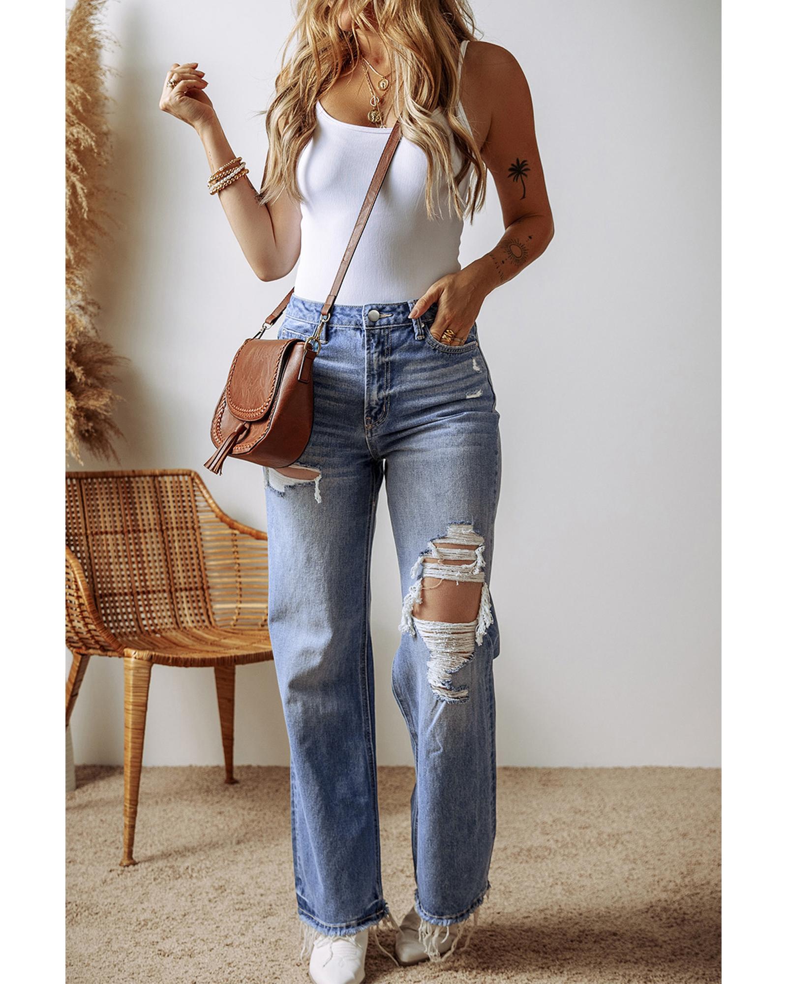 Ashleigh Blue Distressed Raw Hem Straight Leg High Waist Jeans - 8 US