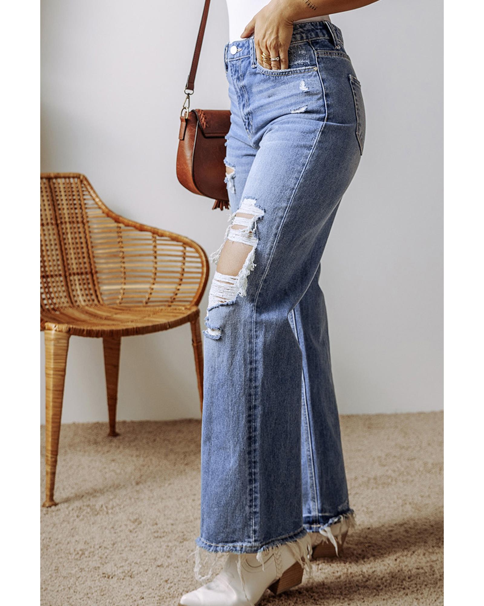 Ashleigh Blue Distressed Raw Hem Straight Leg High Waist Jeans - 8 US