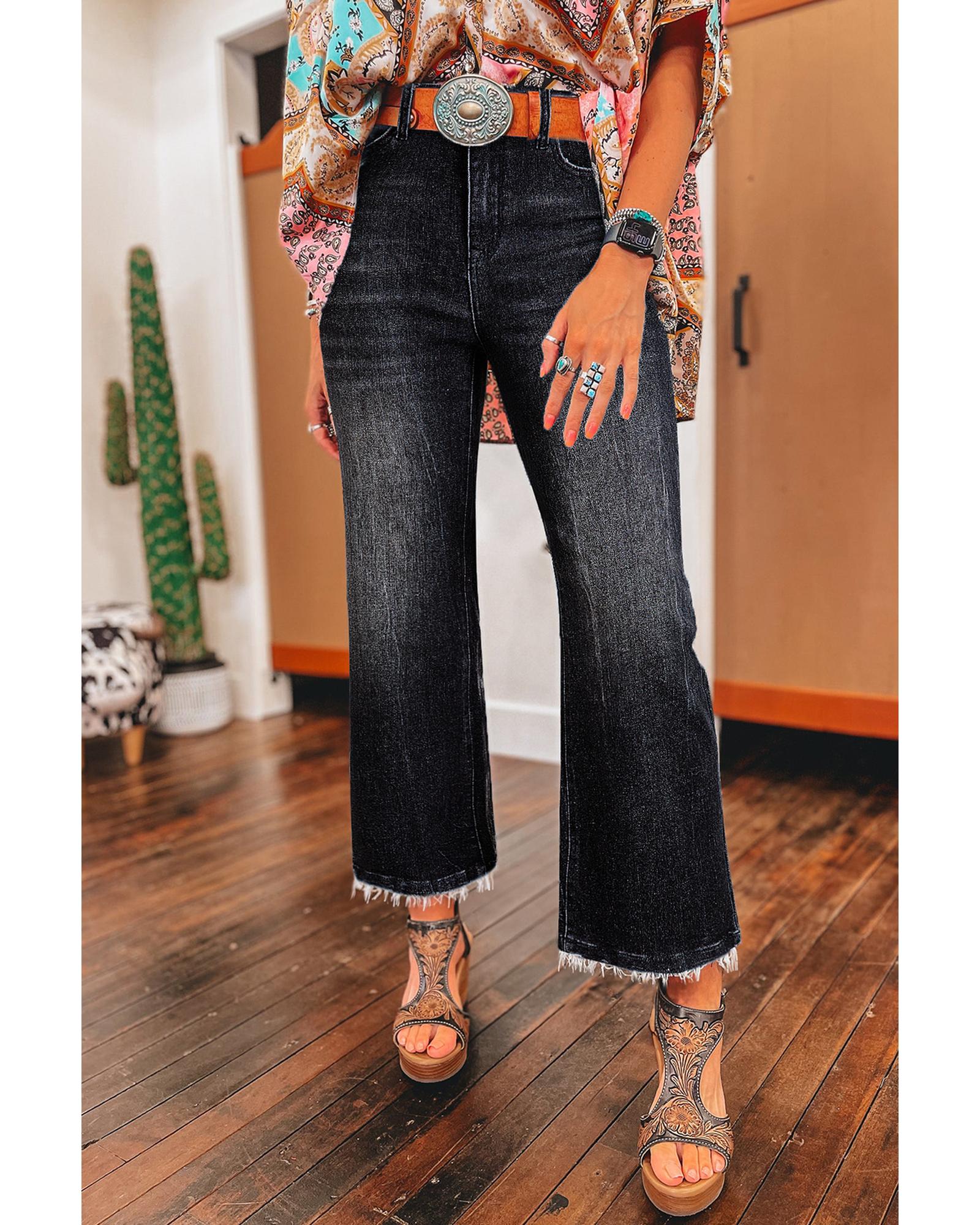 Carbon Grey Mineral Wash Raw Hem High Waist Flared Jeans - 4 US