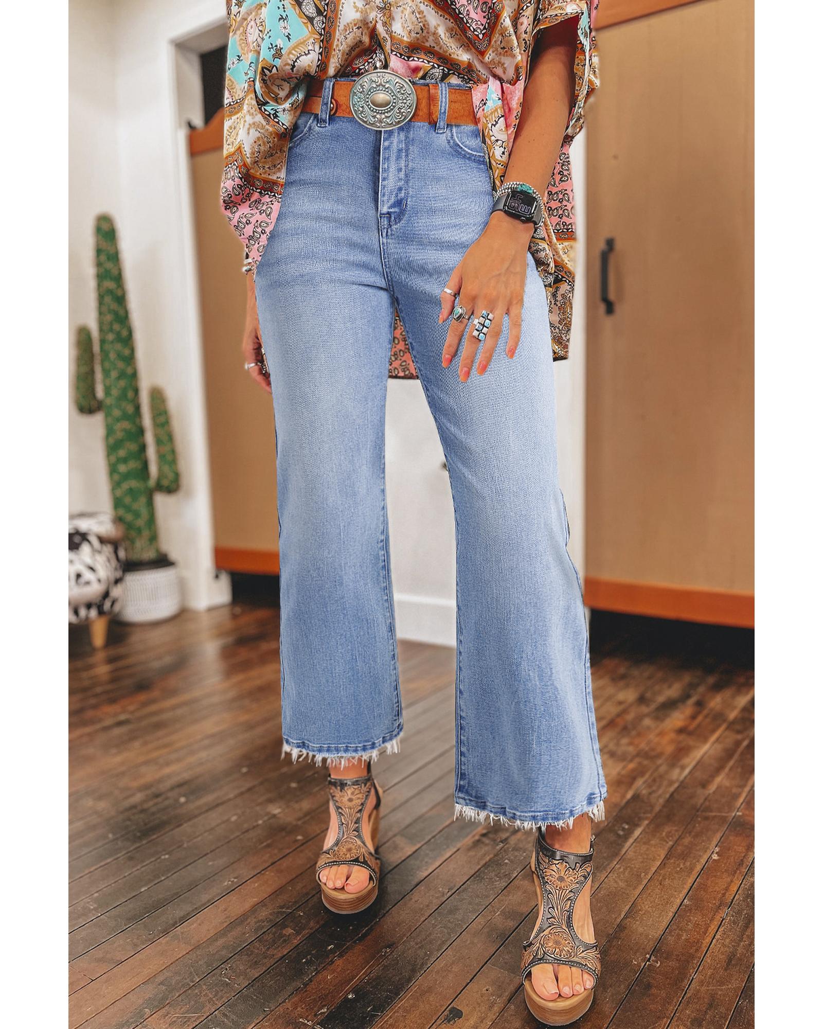 Beau Blue Mineral Wash Raw Hem High Waist Flared Jeans - 6 US