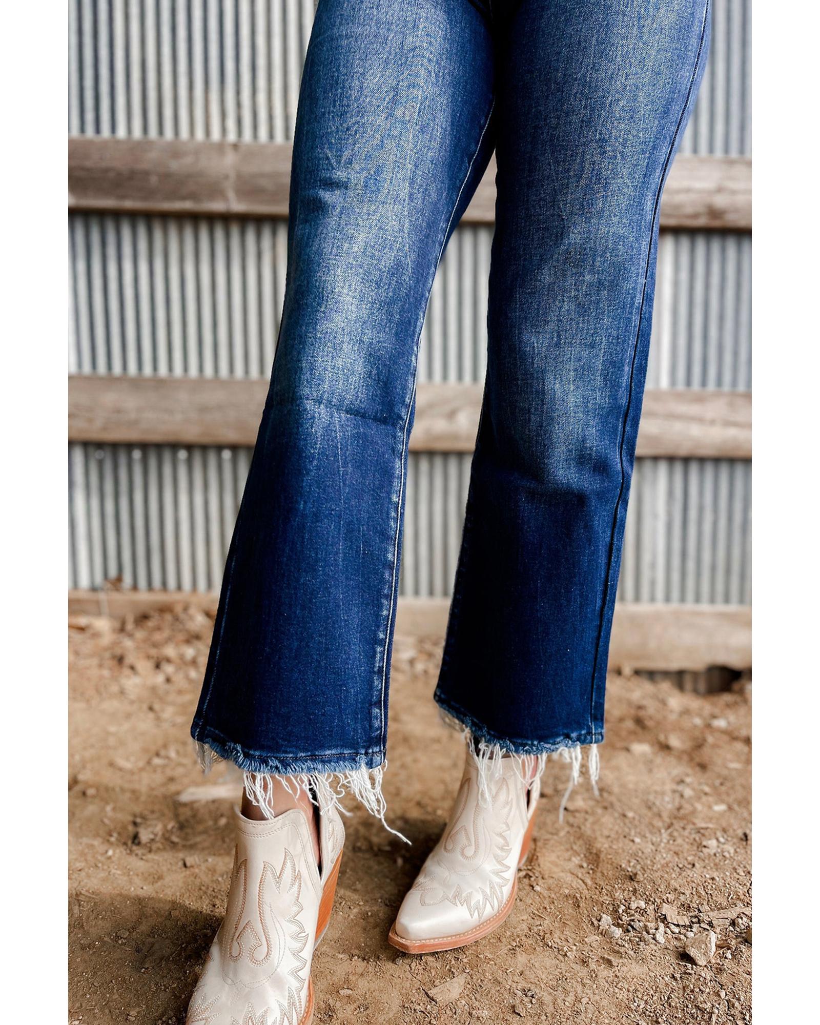 Sail Blue Mineral Wash Raw Hem High Waist Flared Jeans - 12 US