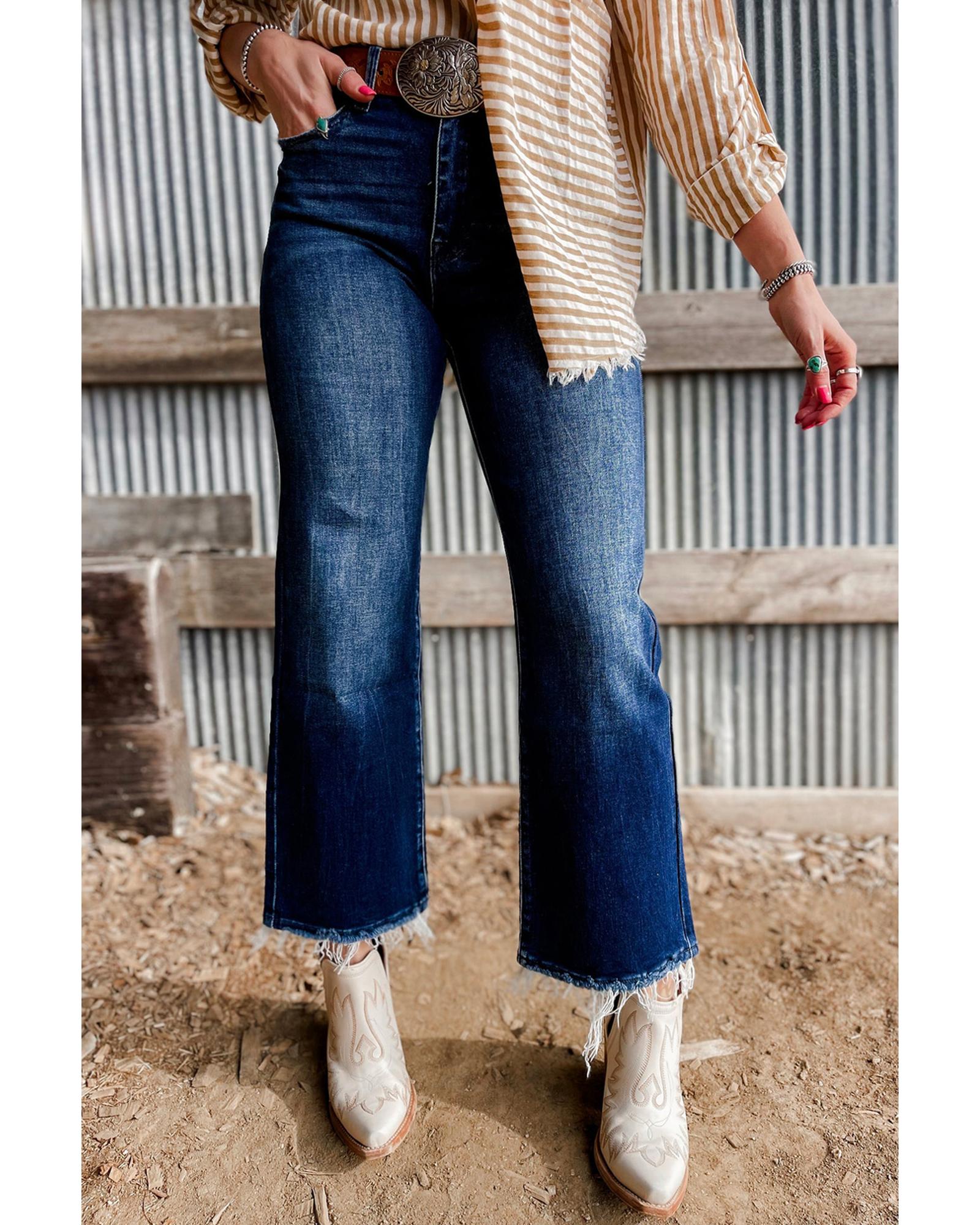 Sail Blue Mineral Wash Raw Hem High Waist Flared Jeans - 16 US