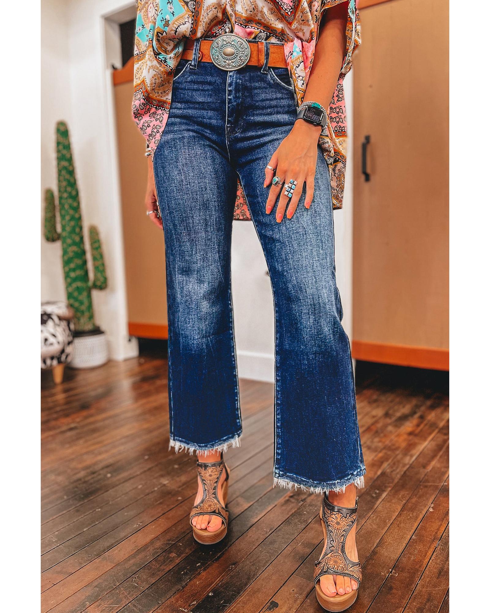 Sail Blue Mineral Wash Raw Hem High Waist Flared Jeans - 4 US