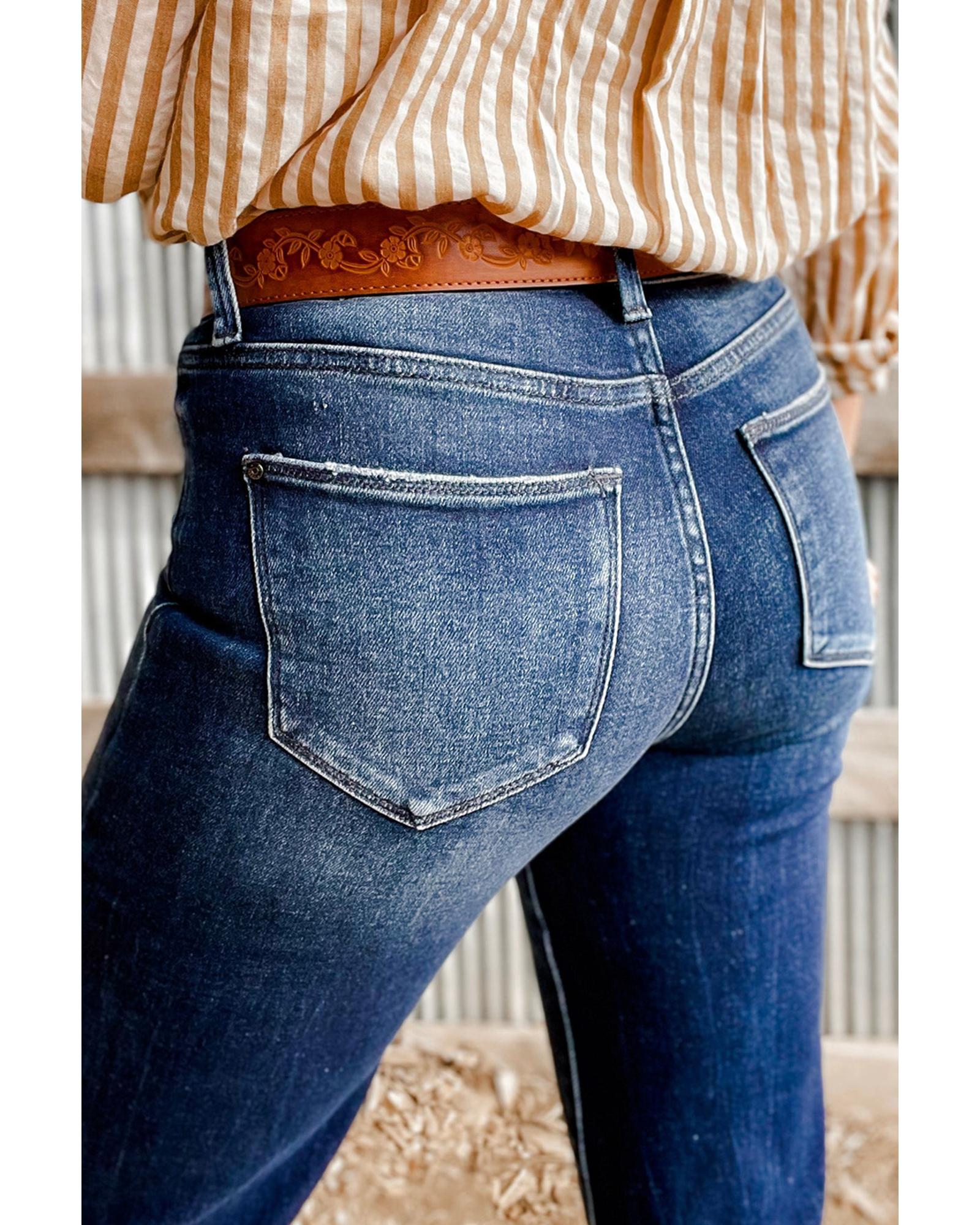 Sail Blue Mineral Wash Raw Hem High Waist Flared Jeans - 4 US