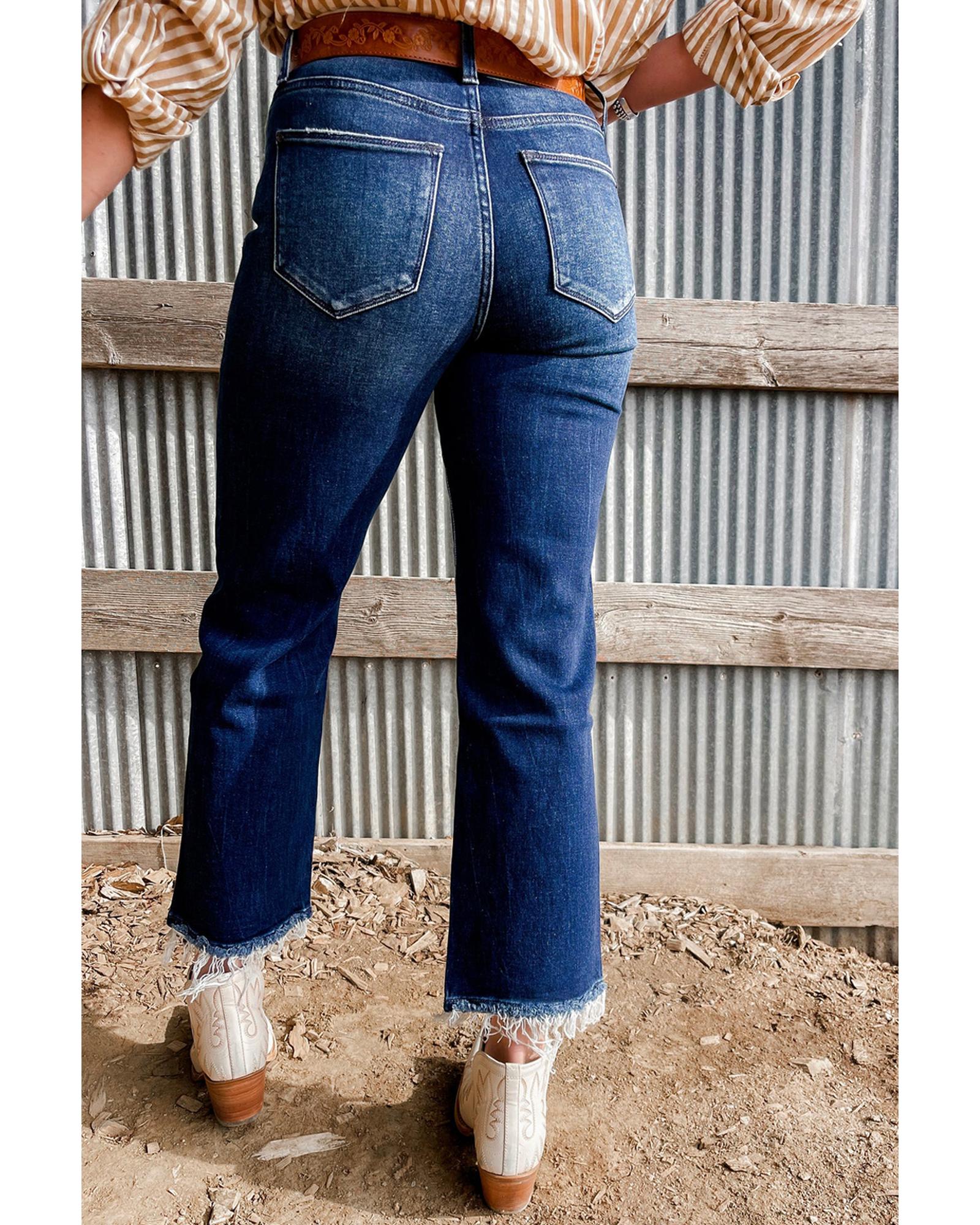 Sail Blue Mineral Wash Raw Hem High Waist Flared Jeans - 8 US