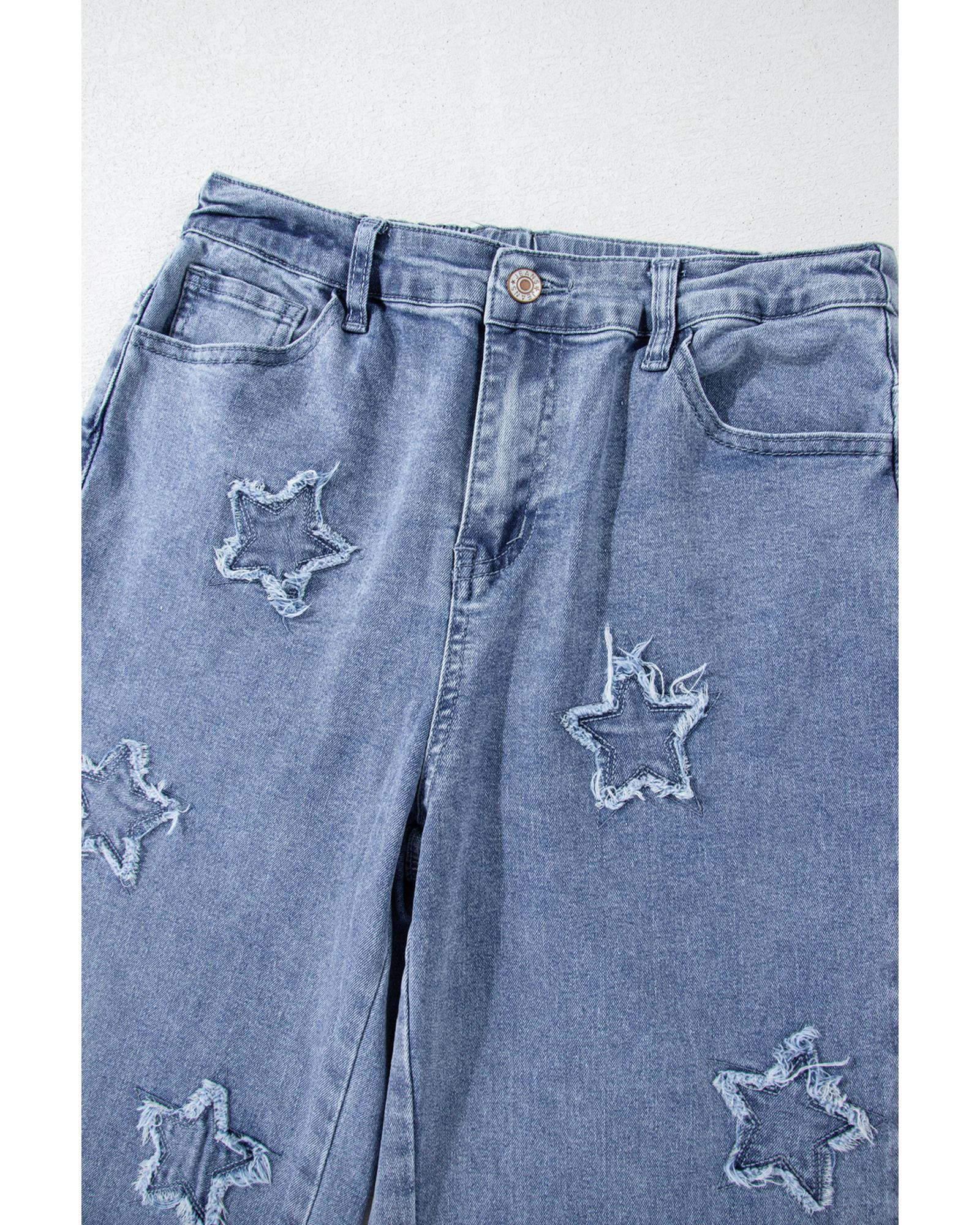 Dusk Blue Foiled Star Patchwork Straight Leg Loose Jeans - 8 US