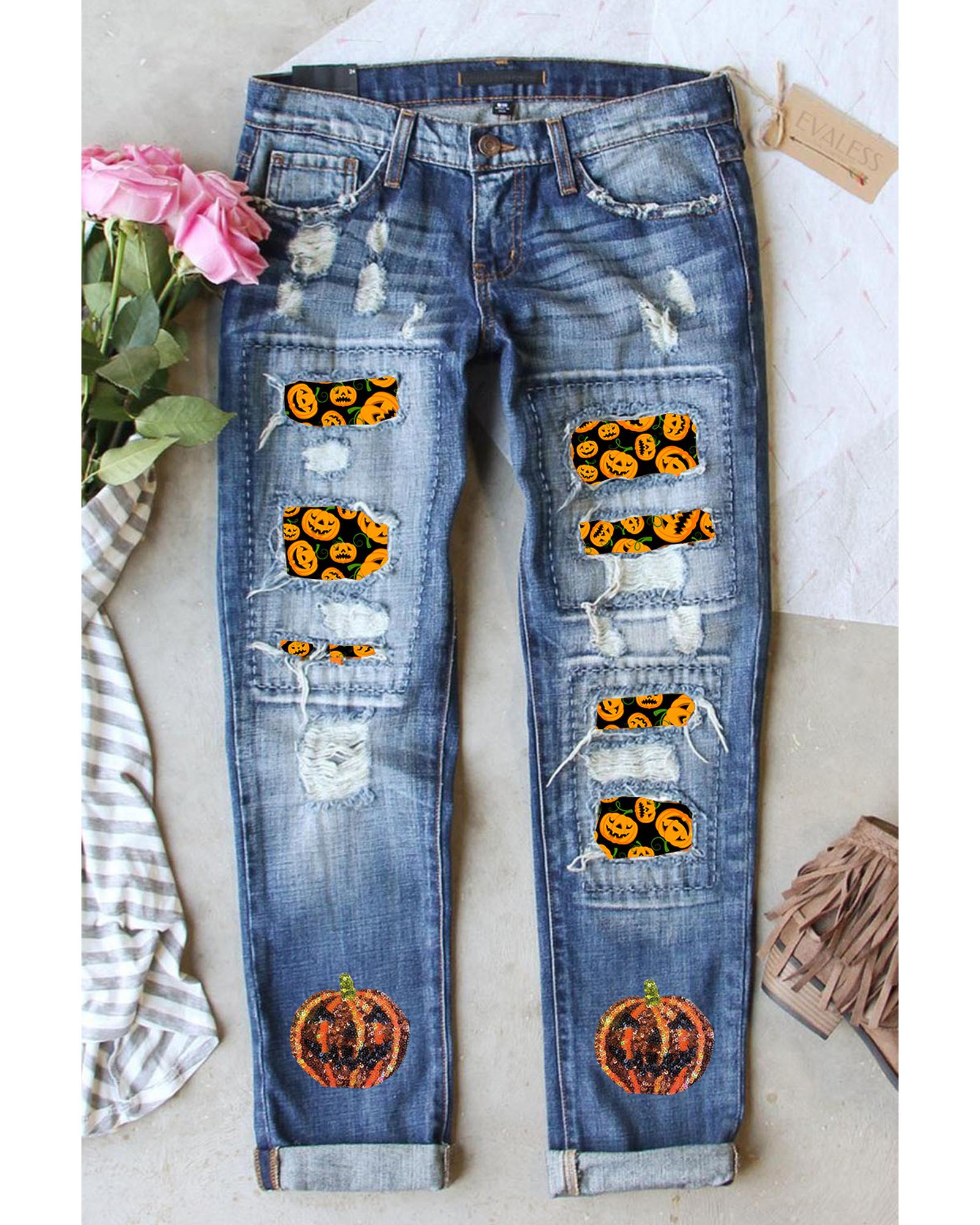 Sky Blue Halloween Pumpkin Patchwork Distressed Straight Leg Jeans - 8 US