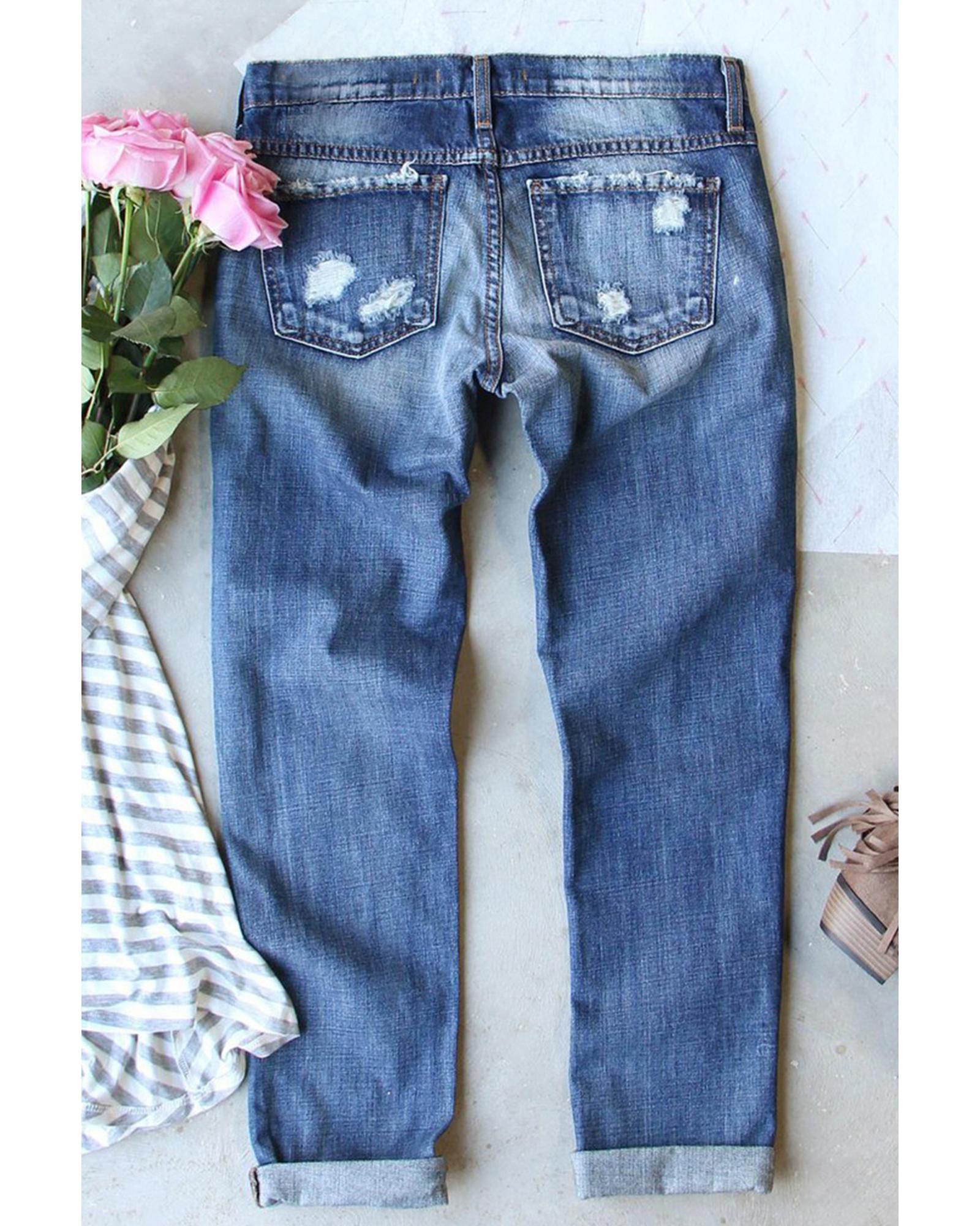 Sky Blue Sequin Pumpkin Patched Distressed Straight Leg Jeans - 8 US