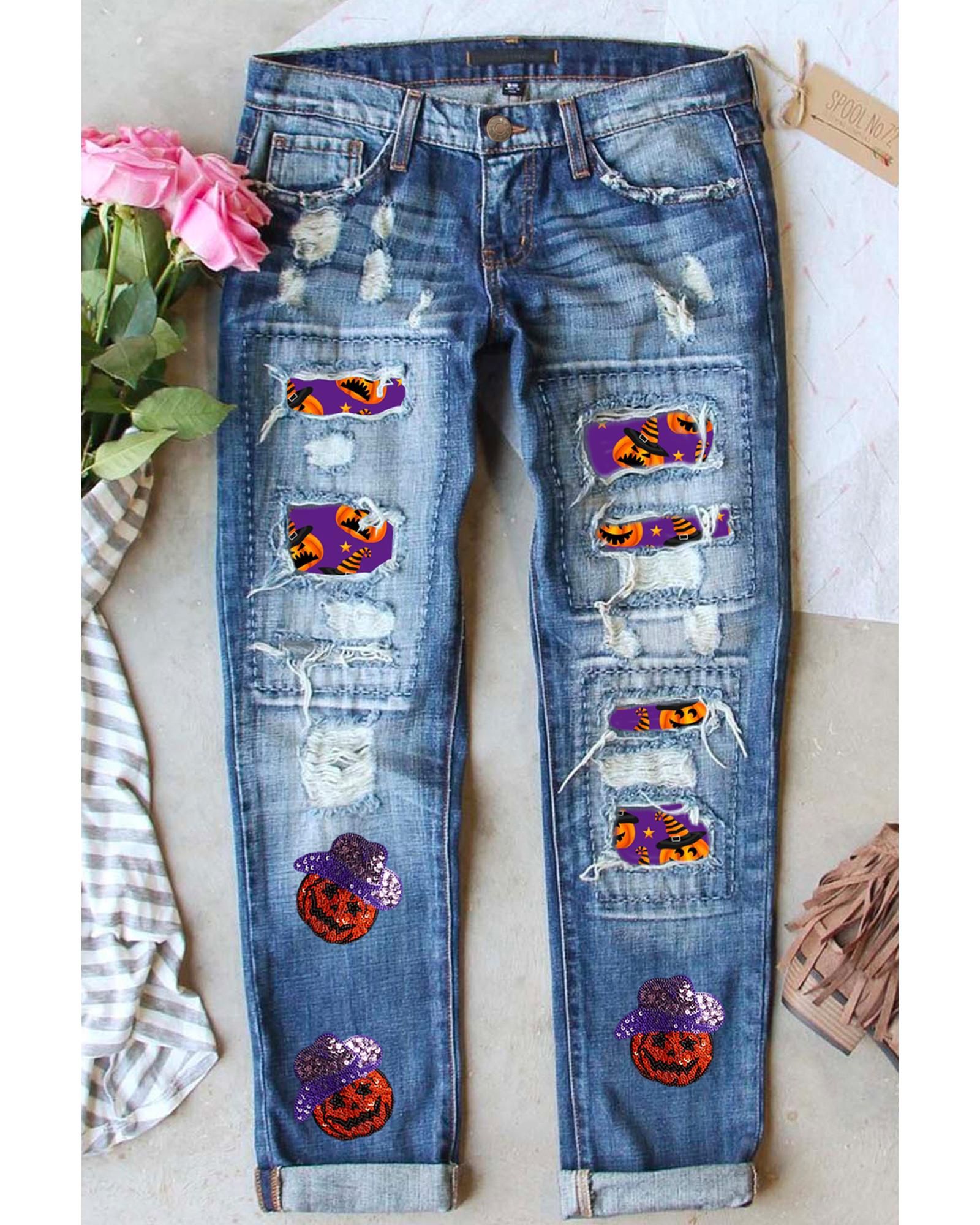 Sky Blue Sequin Pumpkin Patched Distressed Straight Leg Jeans - 8 US