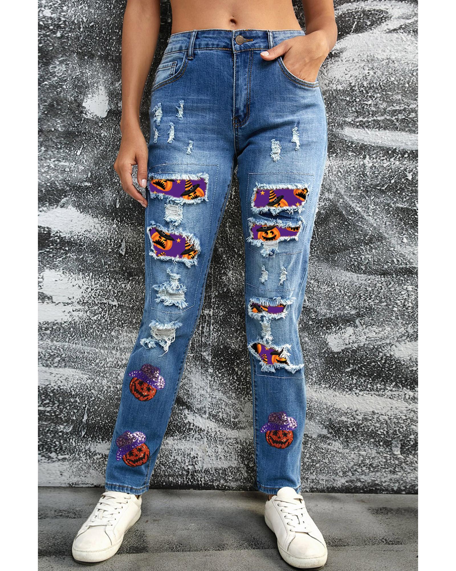 Sky Blue Sequin Pumpkin Patched Distressed Straight Leg Jeans - 8 US